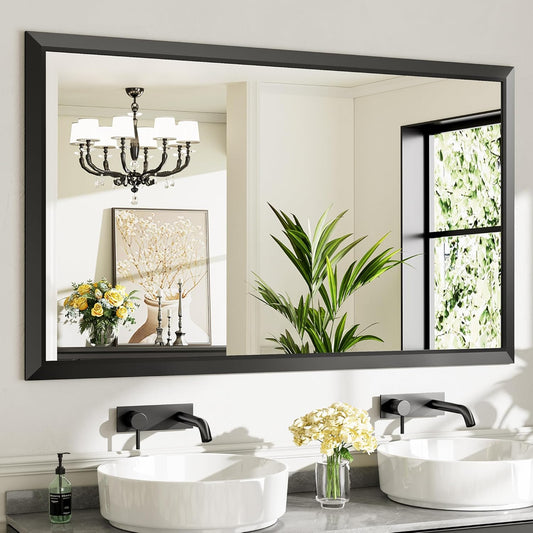 60x36 Inch Black Bathroom Mirror for Wall, Thick Metal Framed Rectangle Mirrors for Over Sink, Bedroom, Living Room, Entryway, Anti-Rust, HD Tempered Glass
