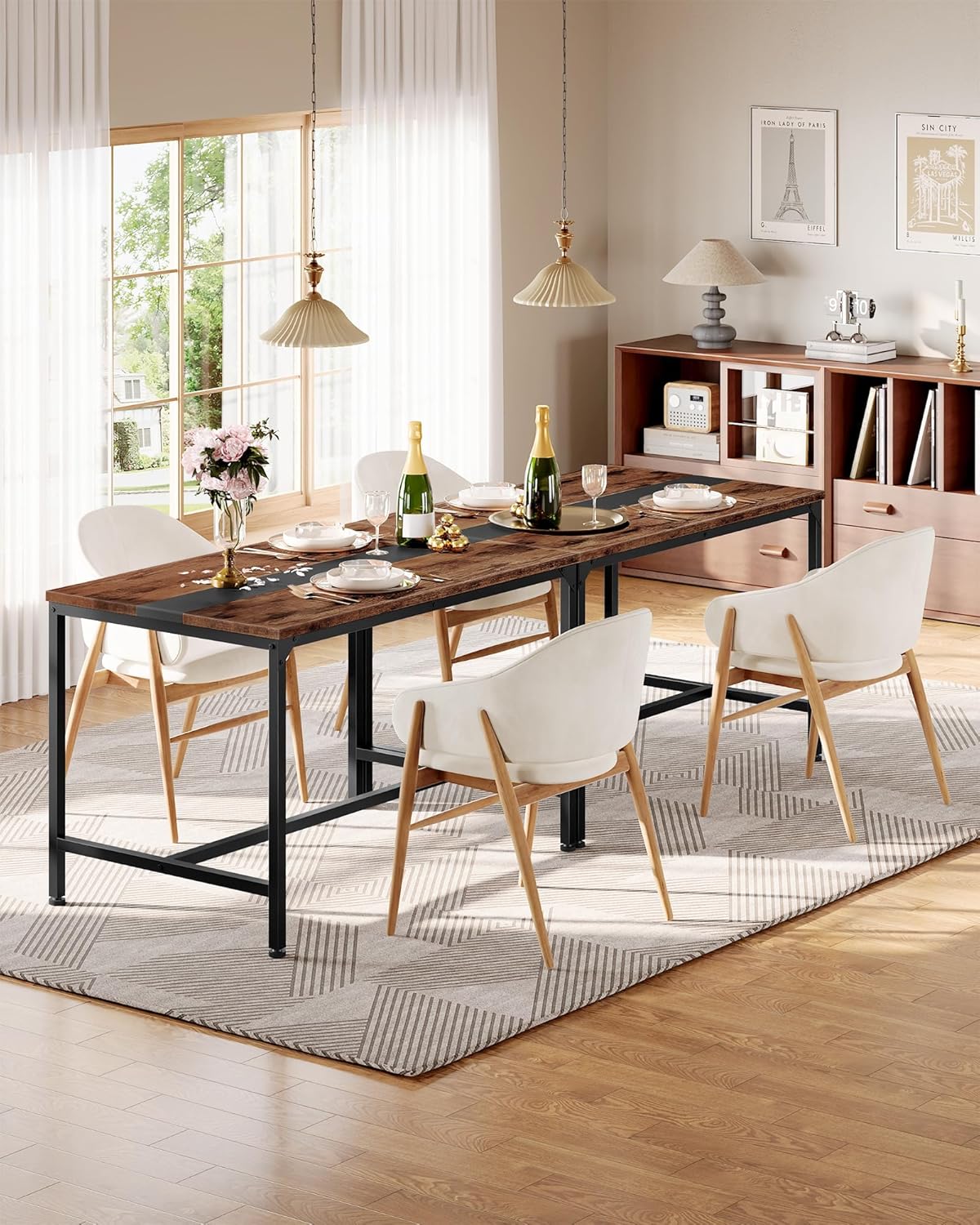 47.2'' Dining Table, Rectangle Color-Blocked Kitchen Dinner Table, for 6 People, Writing Desk, for Dining Room, Living Room, Office, Rustic Brown and Black TCZ12BF