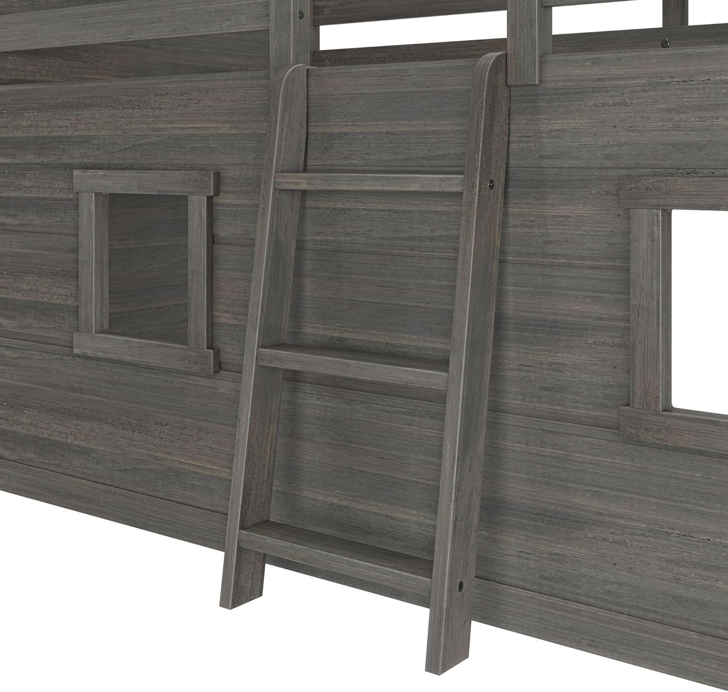 Max & Lily Modern Farmhouse Twin Low Loft Bed with Two Windows - Solid Wood, 15” Guardrails, 400-lb Capacity, Low-VOC Finish, Driftwood