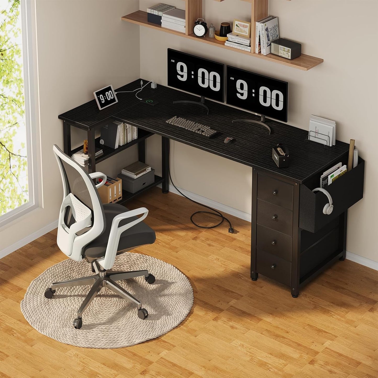 Lufeiya L Shaped Gaming Desk with Drawers & Storage Shelves, 63 Inch Corner Computer Desk with Power Outlet for Home Office Bedroom, L-Shaped Teen PC Desks with Fabric Drawer, Black