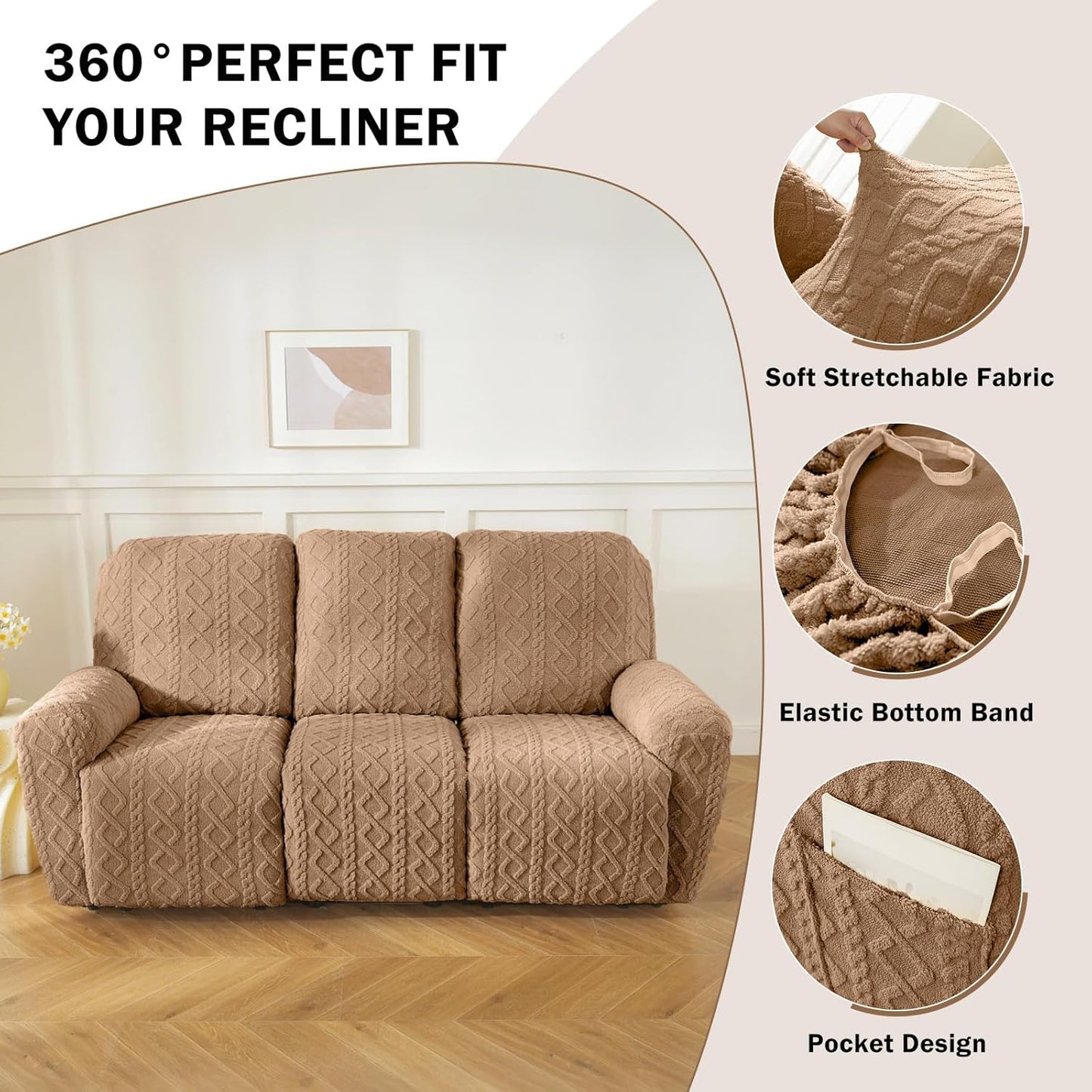 vctops 8 Pieces Geometric Jacquard Plush Recliner Sofa Covers Soft Fuzzy Fluffy 3 Seats Couch Cover Anti-Slip Sofa Slipcover Furniture Protector with Elastic Bottom for Kids Pet(Brown,3 Seat)