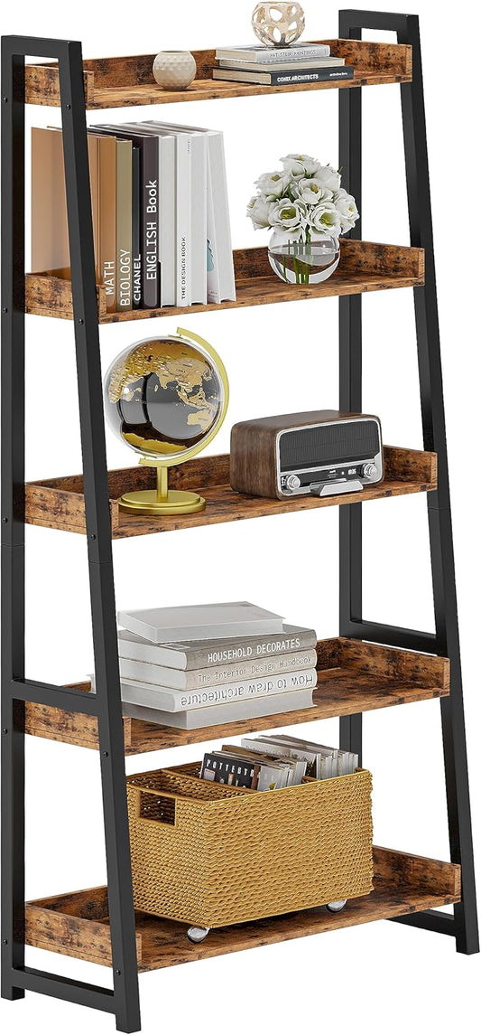 IRONCK Industrial Bookshelf 5-Tier 31.5 in Wide, Bookcase Ladder Shelf, Storage Shelves Rack Shelf Unit, Accent Furniture Metal Frame, Home Office Furniture for Bathroom, Living Room