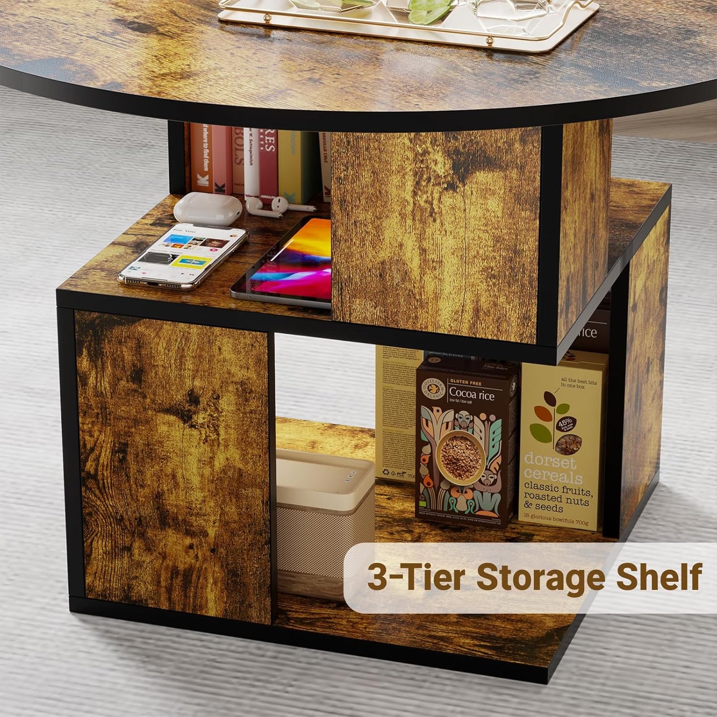 Elephance Round Coffee Table with Storage,3-Tier Coffee Table for Living Room,Wooden Tabletop-Caramel Brown with Black Frame