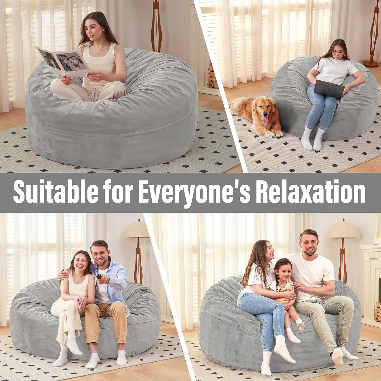 HABUTWAY Bean Bag Chair: Giant 6' Memory Foam Furniture Bean Bag Chair with Microfiber Cover - 6Ft,Light Grey