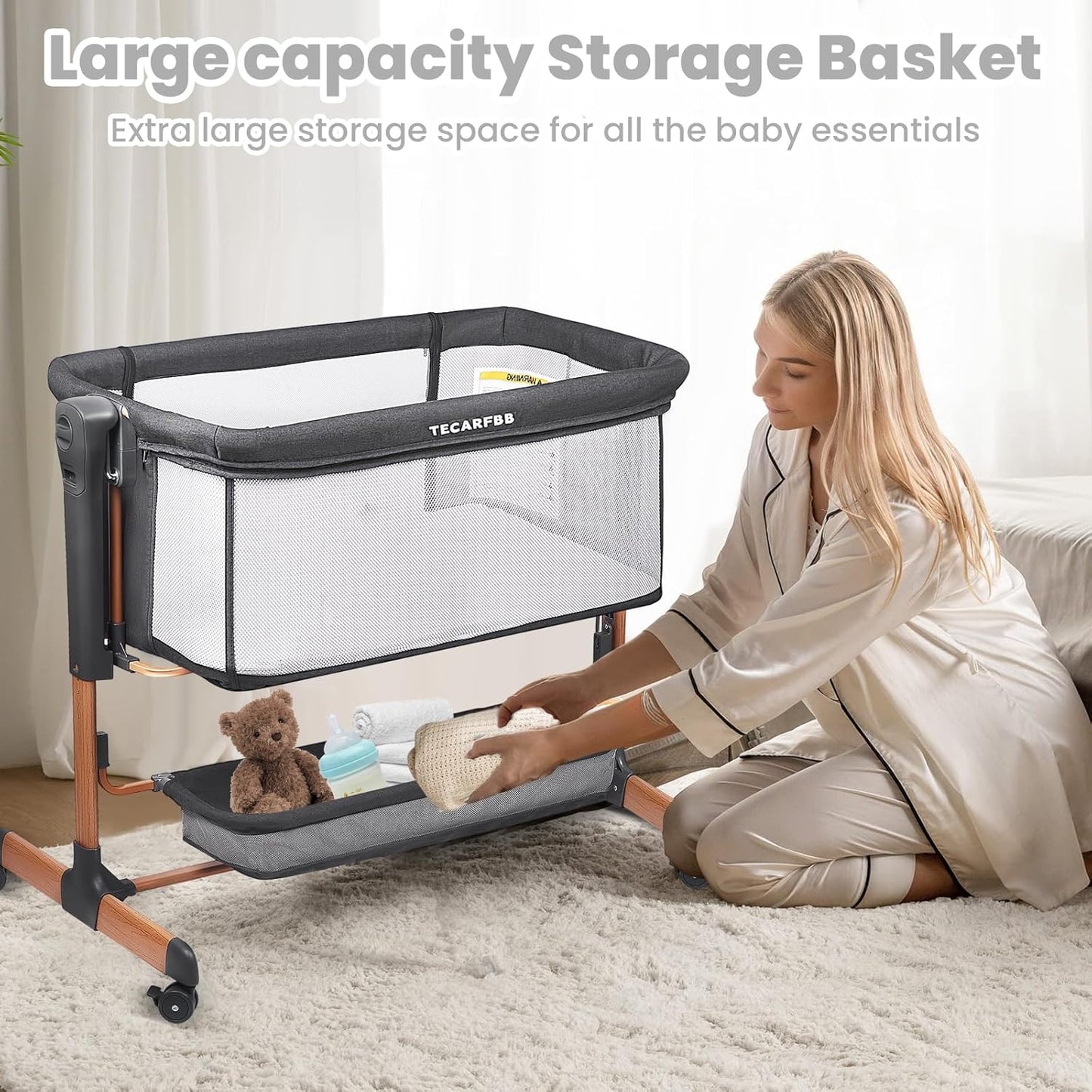 Baby Bassinet, 3 in 1 Bedside Sleeper for Newborn, Bedside Bassinet for Baby with 6 Adjustable Height, Soft Mattress, Compact, Easy to Fold