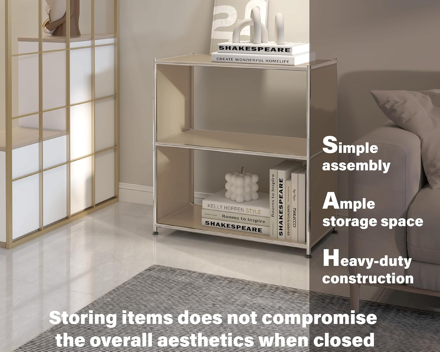 32-Inch 2-Tier Metal Bookcase, Open Shelf Storage Organizer for Living Room, Bedroom, Side Table or Nightstand Use, Modern DIY Assembly, Taupe