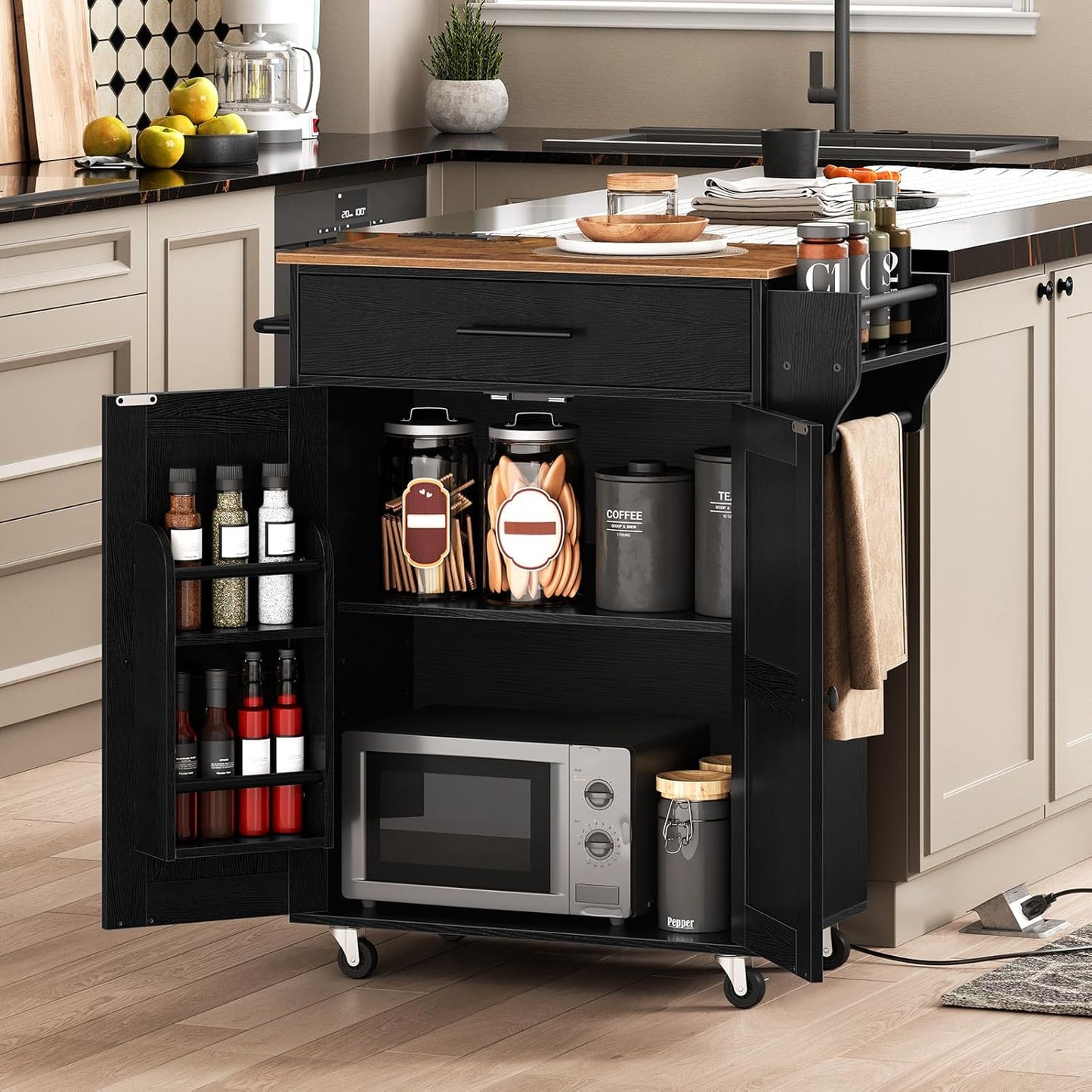 HOOBRO Kitchen Island with Power Outlet, Kitchen Island Storage Island with Large Worktop, Spice Rack and Drawer, Rolling Kitchen Cart on Wheels, for Kitchen and Dining Room, Rustic Brown and Black