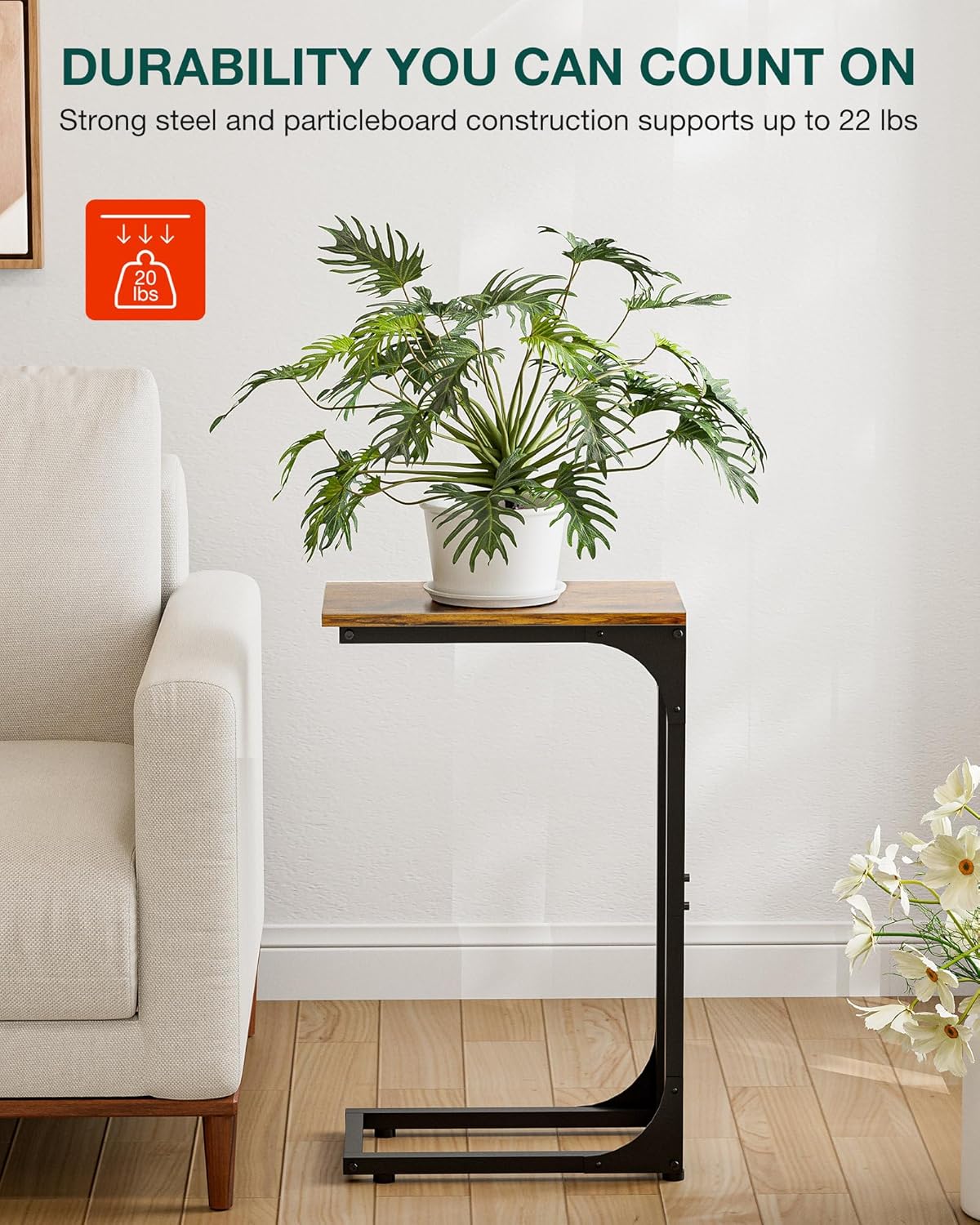 C-Shaped Side Table for Couch - Small Coffee Stand Sofa Tray Desk with Sturdy Metal Frame and Waterproof Scratch Resistant Wood Surface, Rustic Brown