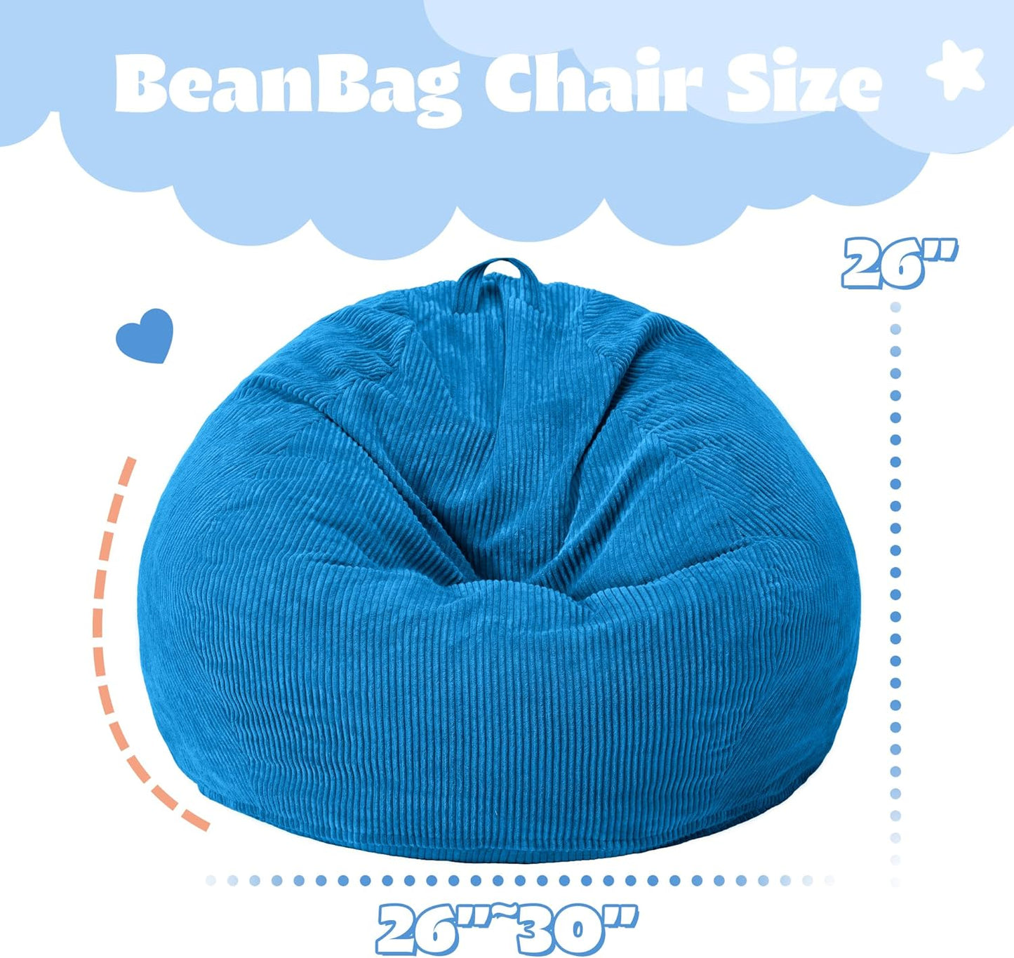 HABUTWAY 2 FT Bean Bag Chair,Giant Bean Bag Chairs,Big Bean Bags with Memory Foam Filled, Large Beanbag Chairs with Soft Corduroy Cover-Blue