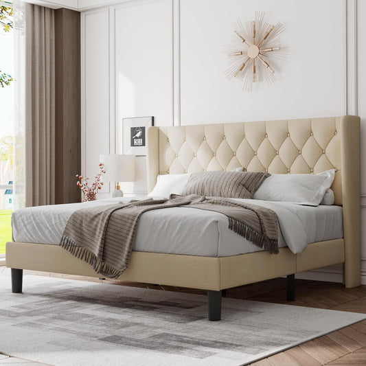 Feonase King Size Bed Frame with Wingback Tufted Headboard, Upholstered Platform Bed Frame with Heavy Duty Wooden Slats Support, Noise-Free, No Box Spring Needed, Easy Assembly, Beige