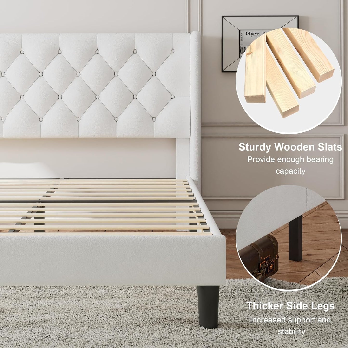 Feonase Full Size Bed Frame with Upholstered Wingback Headboard, Platform Bed and Heavy Duty Wooden Slats Support, Easy Assembly, Noise-Free, No Box Spring Needed, White
