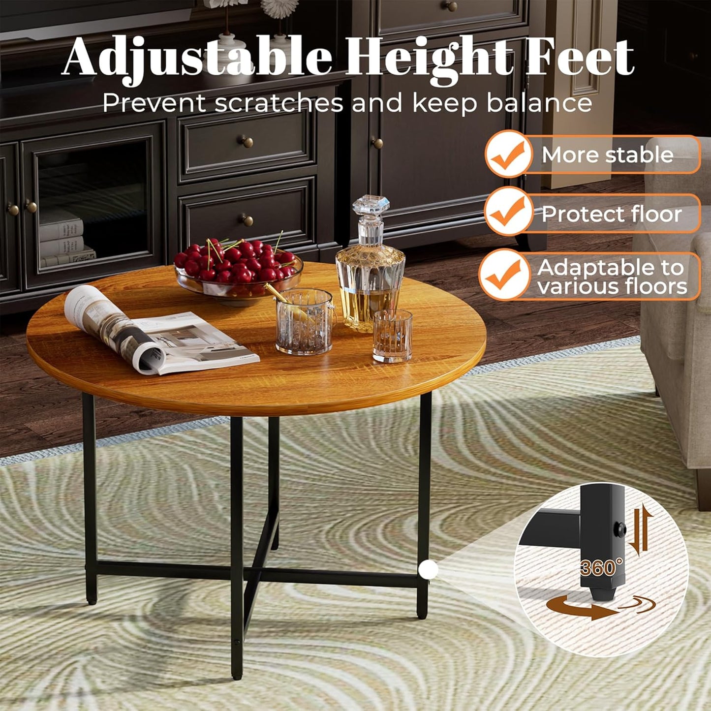 Round Coffee Table, Small Coffee Tables for Living Room, Wood Coffee Table with Metal Frame, Floor Table Desk for Sitting on The Floor, Home, Office, Farmhouse, Honey Brown (23.6"D x 17.7"H)