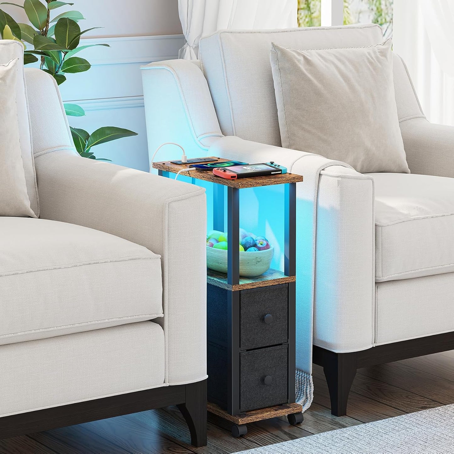 TUTOTAK Small Narrow End Tables, LED Side Tables with 2 Fabric Drawers, Set of 2, Bedside Tables with Charging Station for Small Spaces, Slim Nightstands with USB Ports and Wheels, TB01BB053L