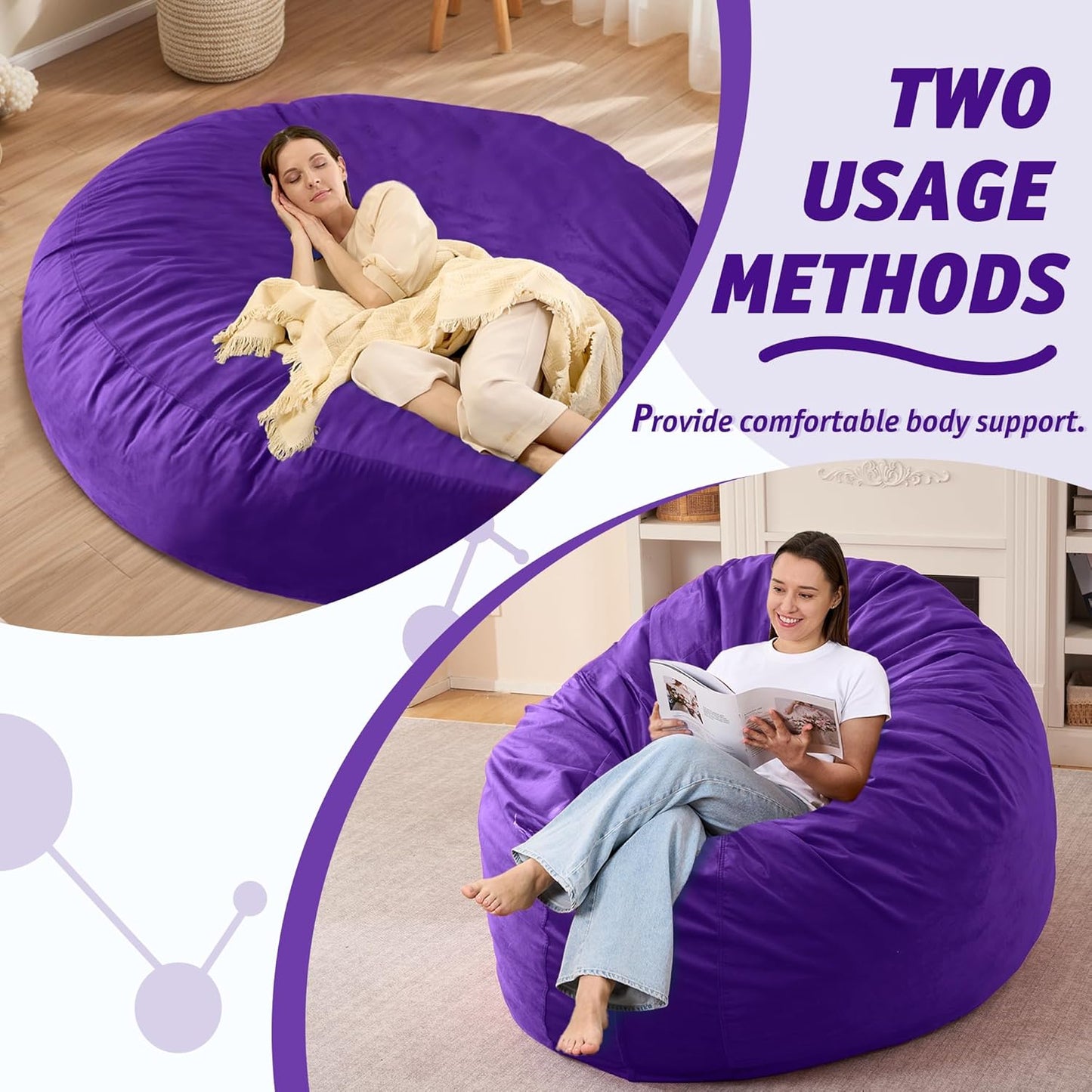 7FT Bean Bag Chair with Ultra Soft Velvet Cover Bean Bag Sofar with Memory Foam Bean Bag Chairs with Large Size Lazy Sofa for Dorm Office Living Room Bedroom Purple 7'