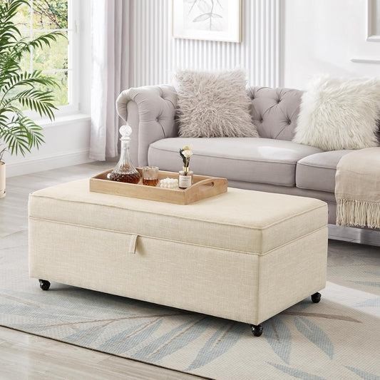 Ball & Cast 45" Sofa Ottoman with Storage, Linen Upholstered Bench with Rotation Casters and Safety Hinge for Living Room, Multi-Function Coffee Table,Oatmeal