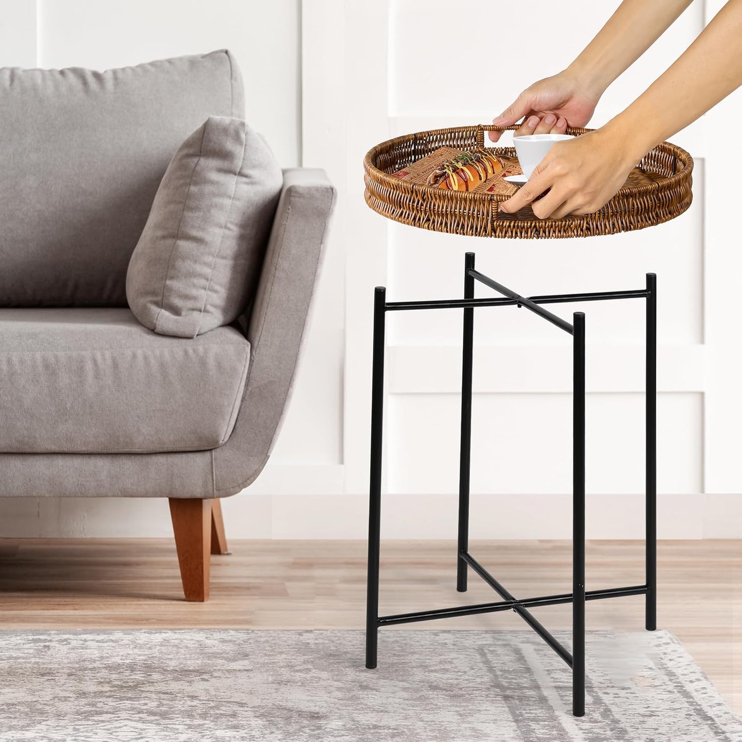 Small Wicker Round End Table, 16.5 in Rattan End Tables with Removable Tray, Waterproof Sofa Coffee Side Table, Indoor Outdoor Side Tables for Patio, Living Room Bedroom Office