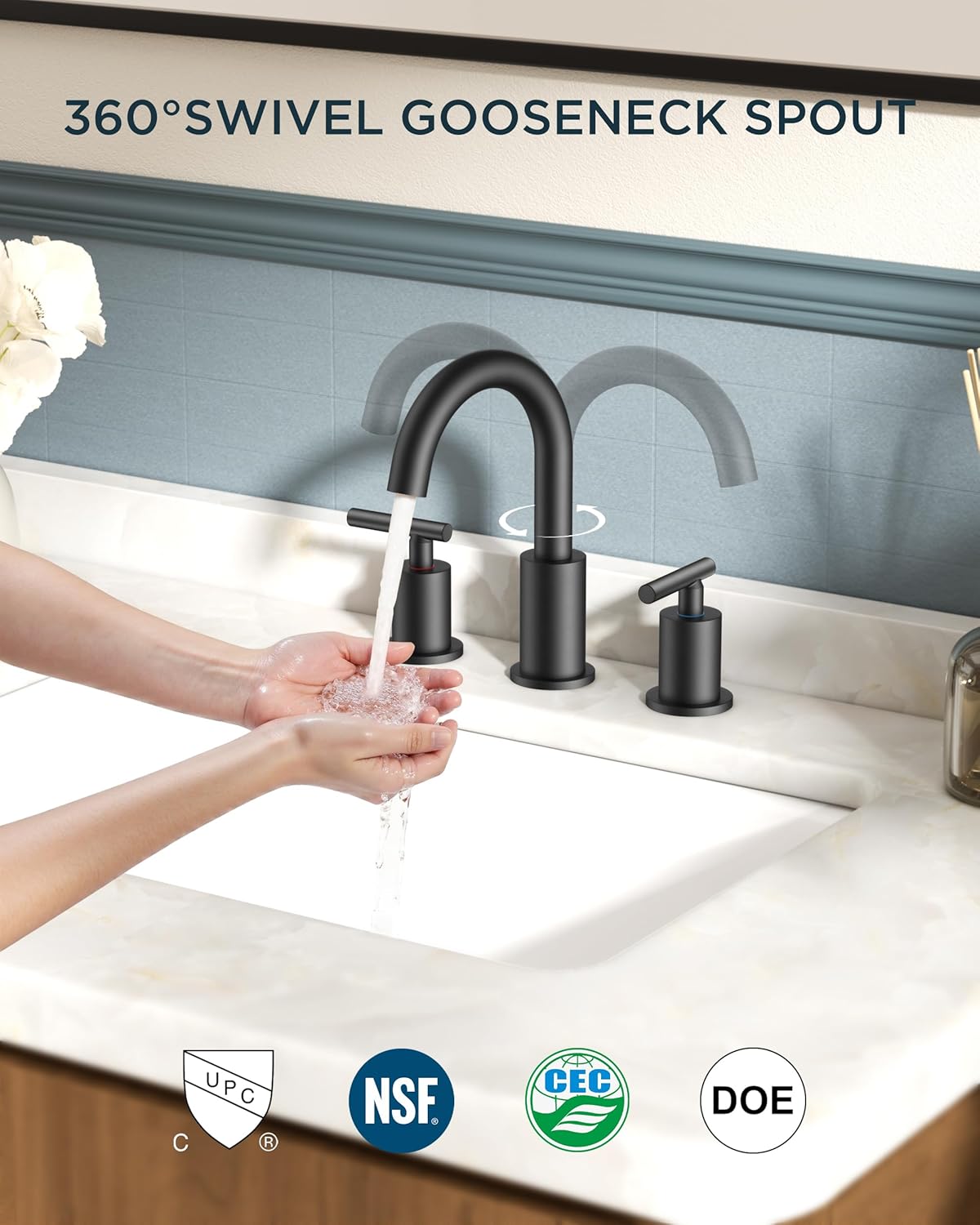 FORIOUS Bathroom Faucets 3 Hole, Matte Black Bathroom Sink Faucet 3 Hole Vanity with 360° Swivel Spout, Suitable for 8 Inch Widespread Sink with Metal Pop-up Drain and cUPC Supply Line, Commercial