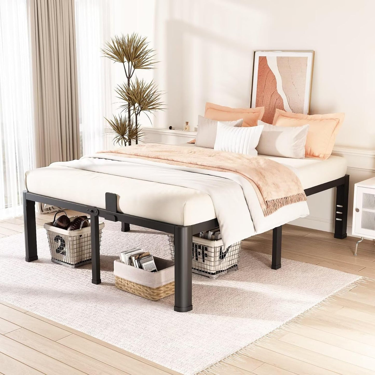 FUIOBYVV 18 Inch Full Bed Frame with Rounded Corner and Headboard Hole Mattress Retainers 3500 LBS Metal Heavy Duty Steel Slats Support No Box Spring Needed Platform Noise Free Easy Assembly