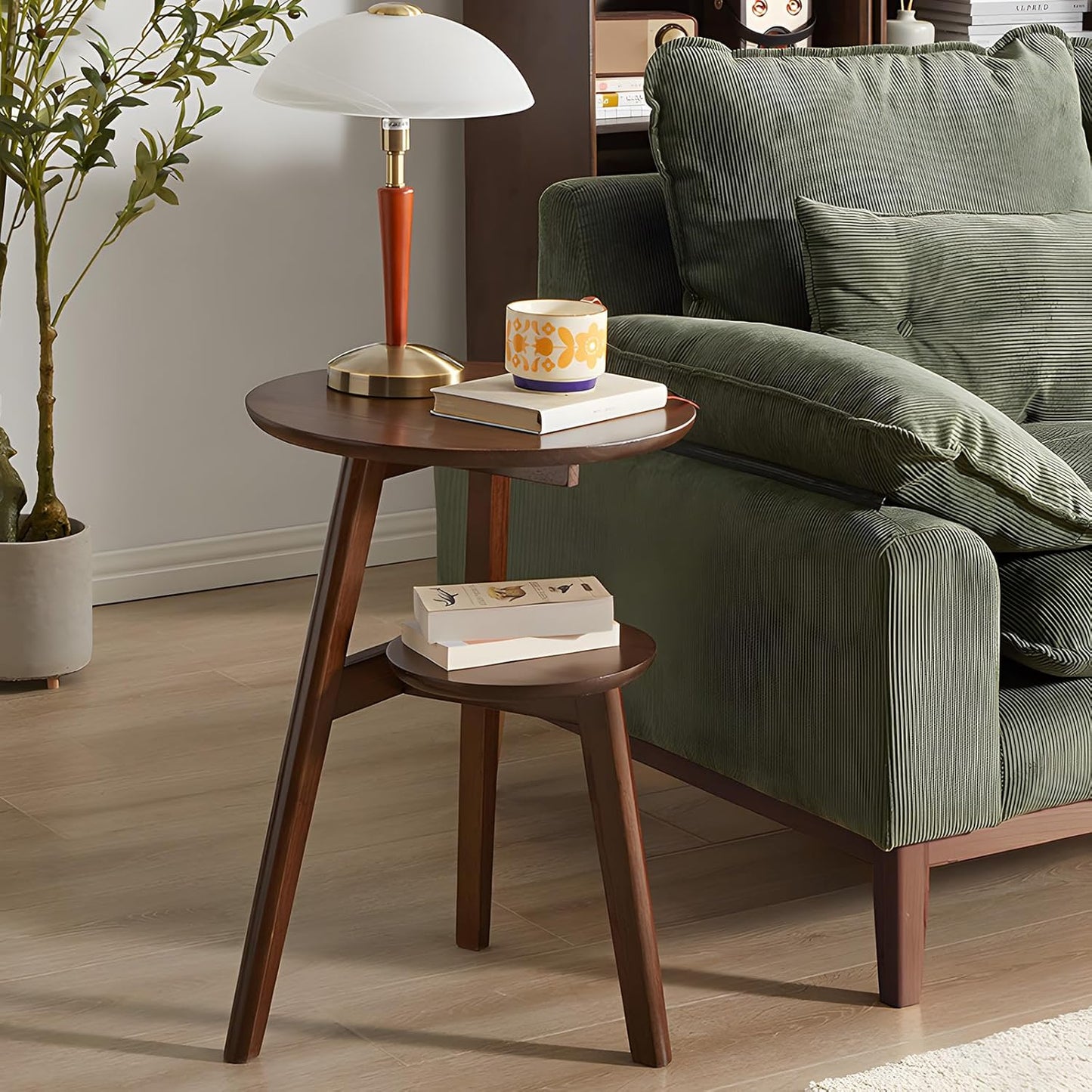 Side Table, 2-Tier Round End Tables Living Room, Mid Century Modern Side Table, Round Nightstand, Oak Accent Table, Small Round Coffee Table, 16.54" Dia.x 23.62" H(Walnut)