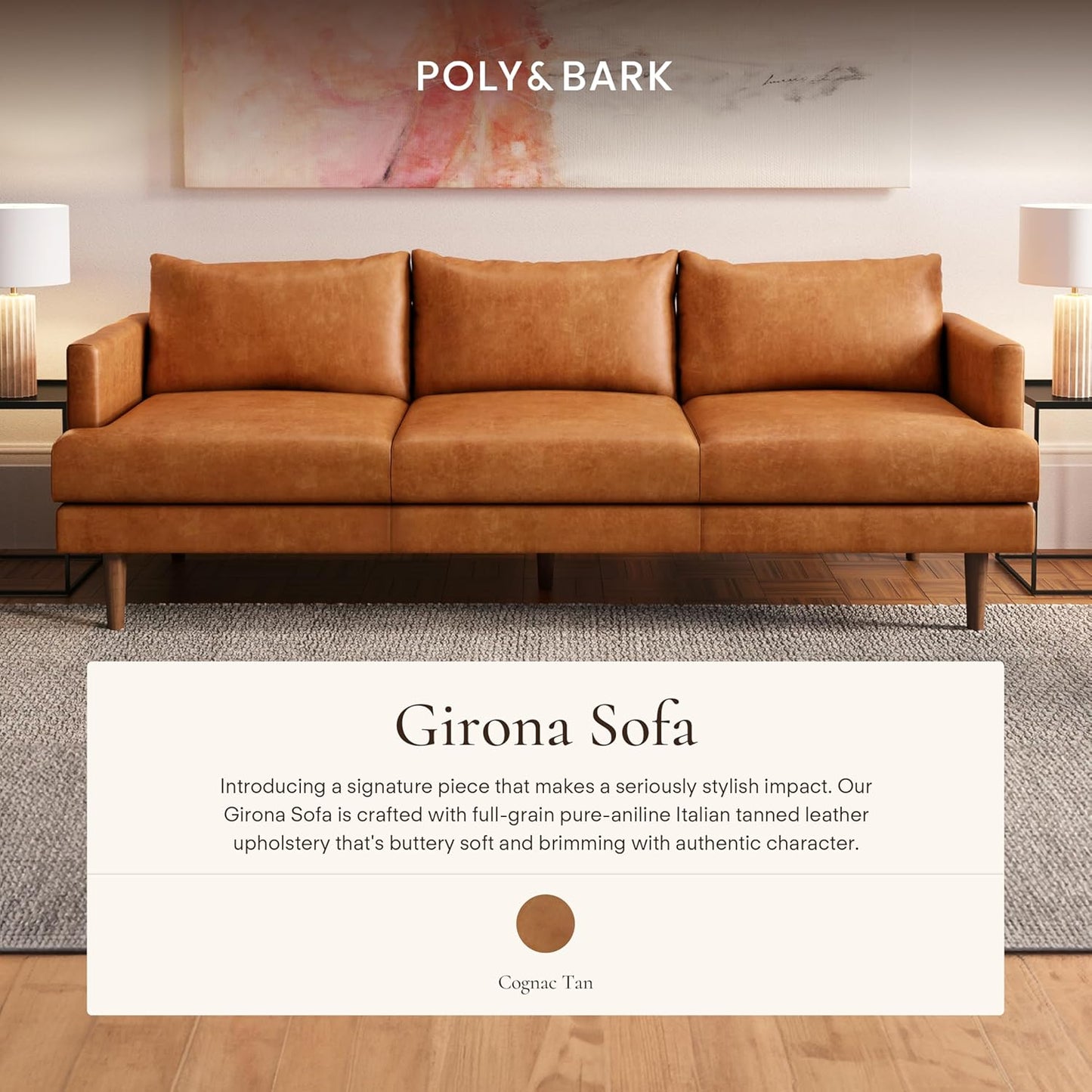 Poly & Bark Girona Leather Couch - 88 Inch Sofa with Tufted Back - Sofa for Living Room with Feather-Down Topper - Living Room Couch - Full-Grain Vintage Italian Leather in Cognac Tan