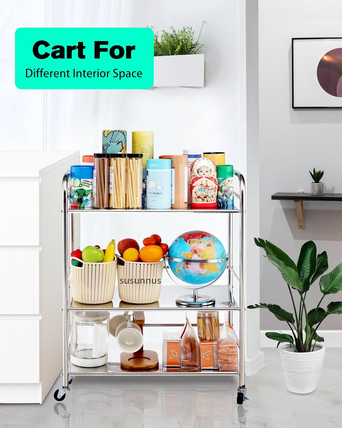 susunnus Stainless Steel Cart with Wheels 5 Tier,Stainless Steel Kitchen Cart,Utility Cart,Metal Cart with Wheels,Suitable for Various Occasions,Movable,Gift Tools