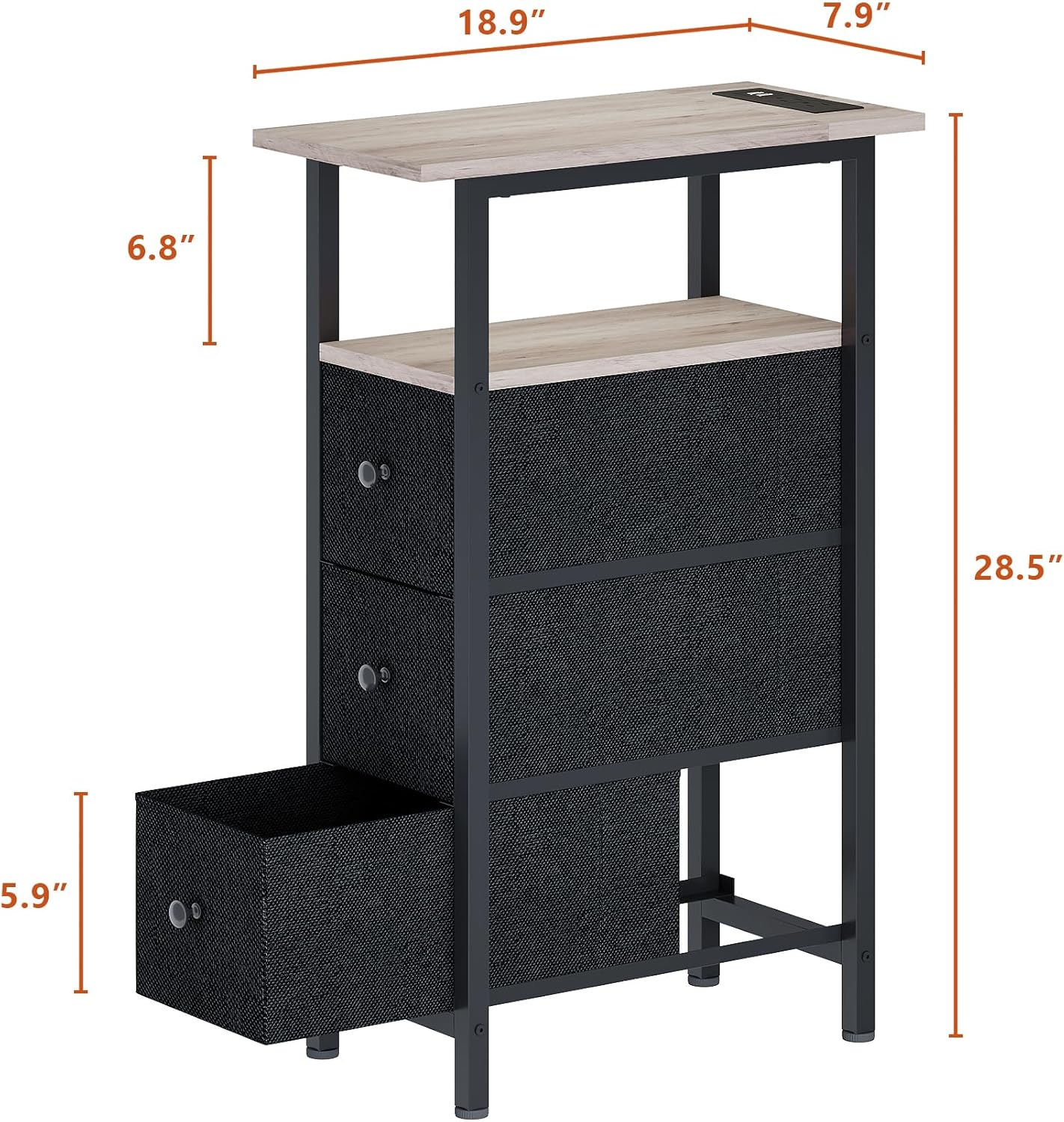 End Table with Charging Station, Narrow Side Table with 3 Fabric Drawers, Skinny Nightstand with LED Light, Slim Bedside Table for Bedroom, Living Room, Small Spaces, Greige and Black