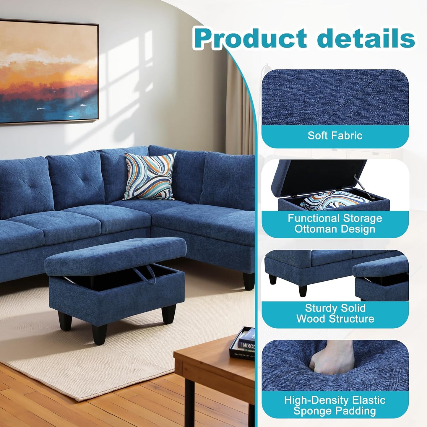 Couches for Living Room Modern L Shaped Couch Comfy Linen Fabric 3 Pieces Sectional Sofa with Chaise, Ottoman with Storage for Office and Small Apartment, Blue