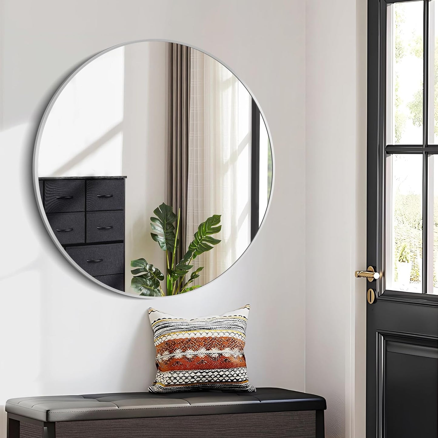 Silver Round Mirror, 39 Inch Wall Mounted Round Mirror, Aluminum Alloy Metal Frame Wall Mirror, Round Bathroom Mirror, Round Mirror for Bathroom, Entryway, Living Room, Large Mirror for Over Sink