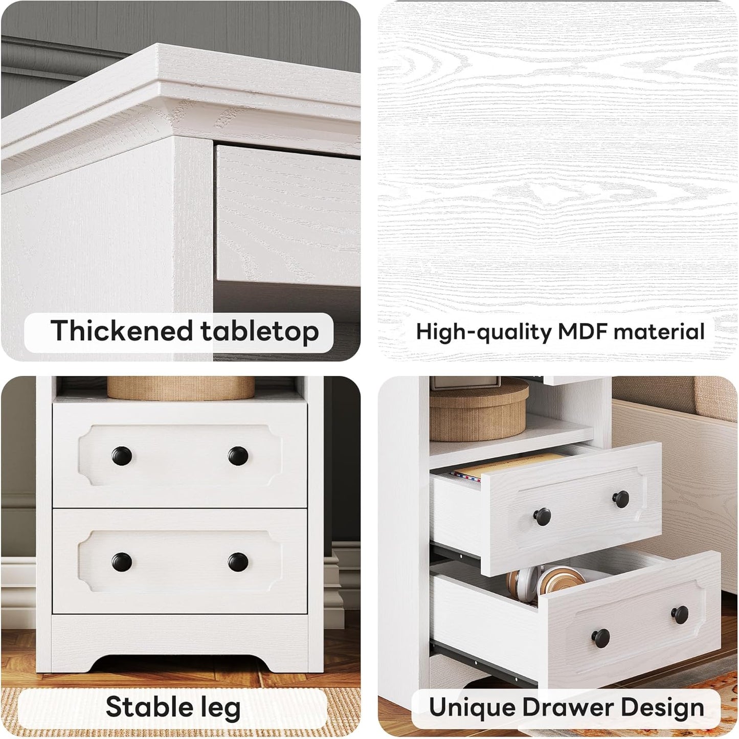 LIKIMIO Night Stand, Modern Bedside Table with 2 Drawers, Open Shelf, End Table with Pull-Out Tray, Wood SideTable, White