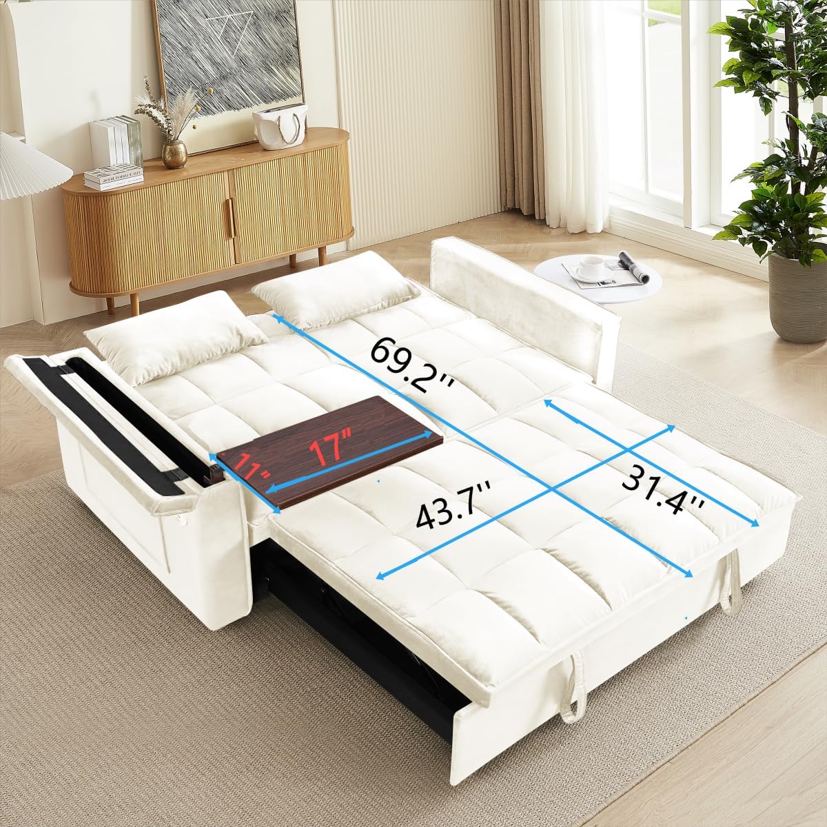 Ball & Cast 55" 3 in 1 Sleeper Sofa Bed Velvet Upholstered Pull Out Couch with Adjustable Back & 2 Pillows,Convertible Futon Sofa Bed W/Hidden Side Table,Side Pocket & USB Port,for Living Room,Beige