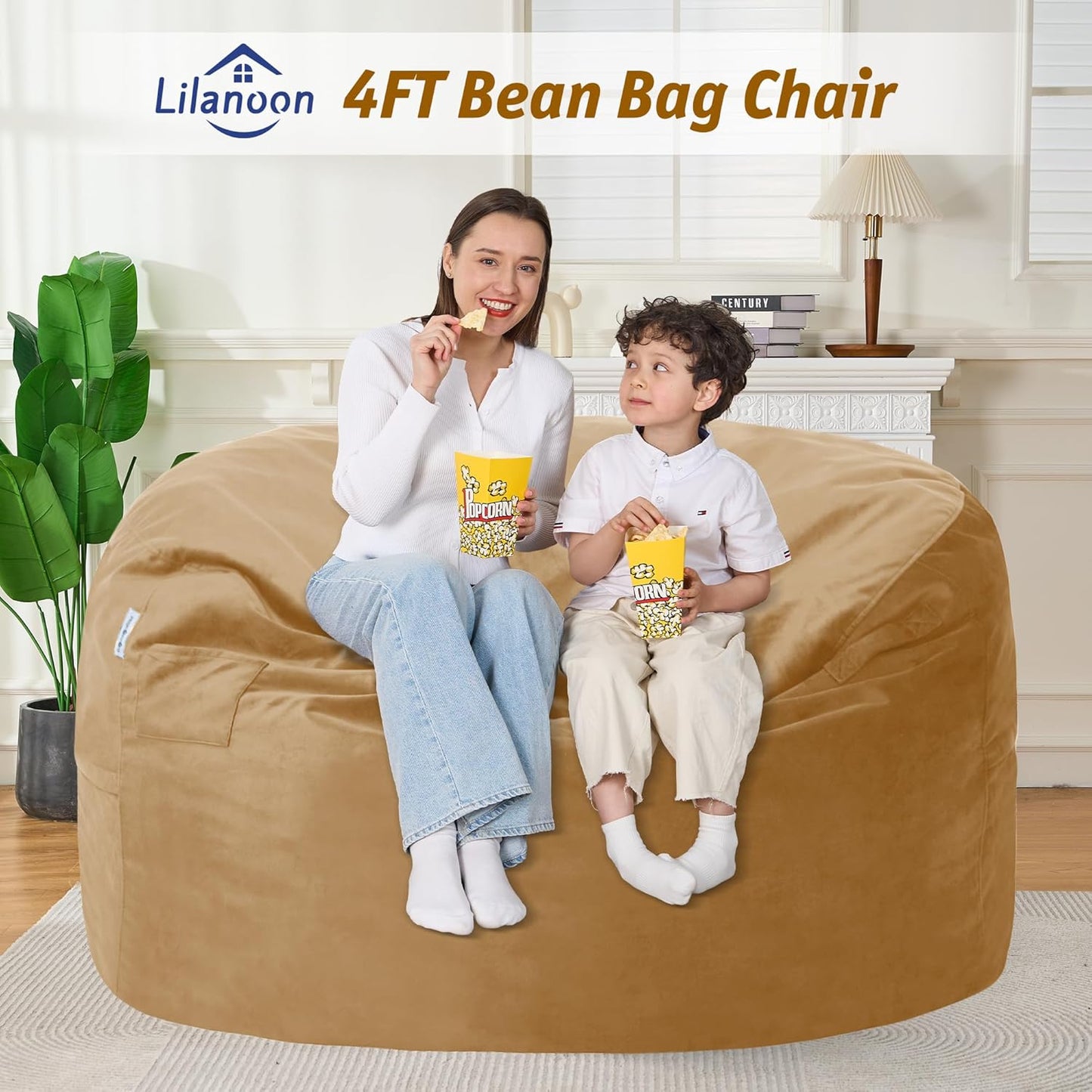 4FT Bean Bag Chair with Ultra Soft Velvet Cover Bean Bag Sofa with Memory Foam Bean Bag Chairs with Large Size Lazy Sofa for Dorm Office Living Room Bedroom Camel 4'