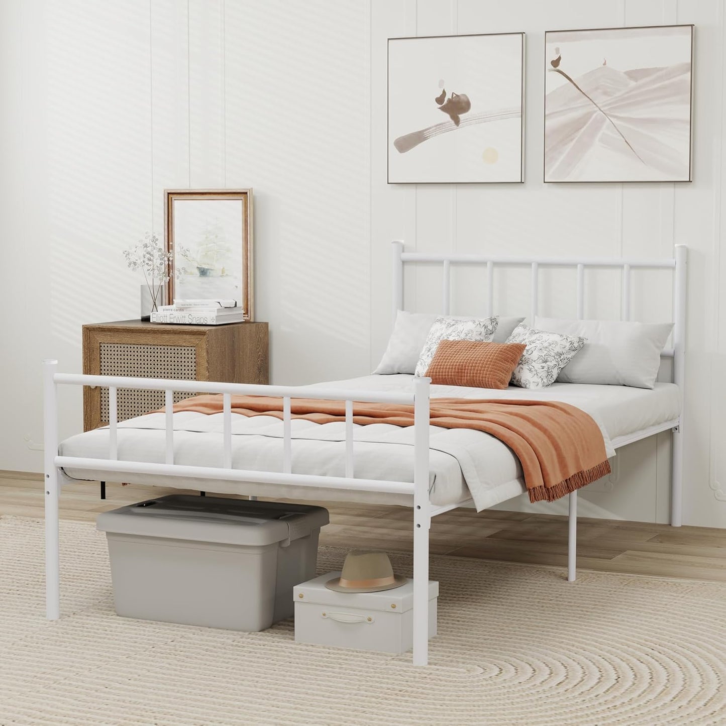 Metal Platform Twin Bed Frame with Headboard Sturdy Steel Slats Support No Box Spring Needed Easy Assembly White
