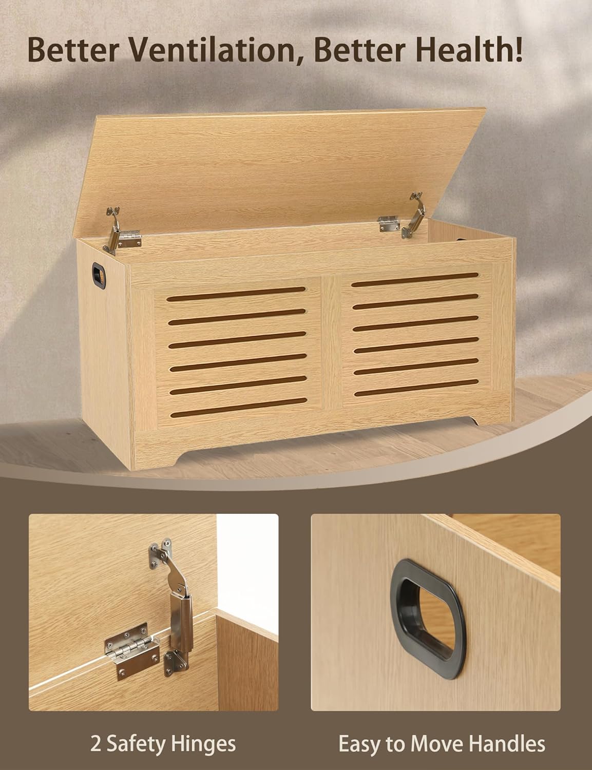 DINZI LVJ Storage Chest, 43.3”Wooden Storage Box with 2 Safety Hinges, Entryway Shoe Bench with Flip-Top, Farmhouse Style Trunk for Living Room, Bedroom, Play Room, Easy Assembly, Natural