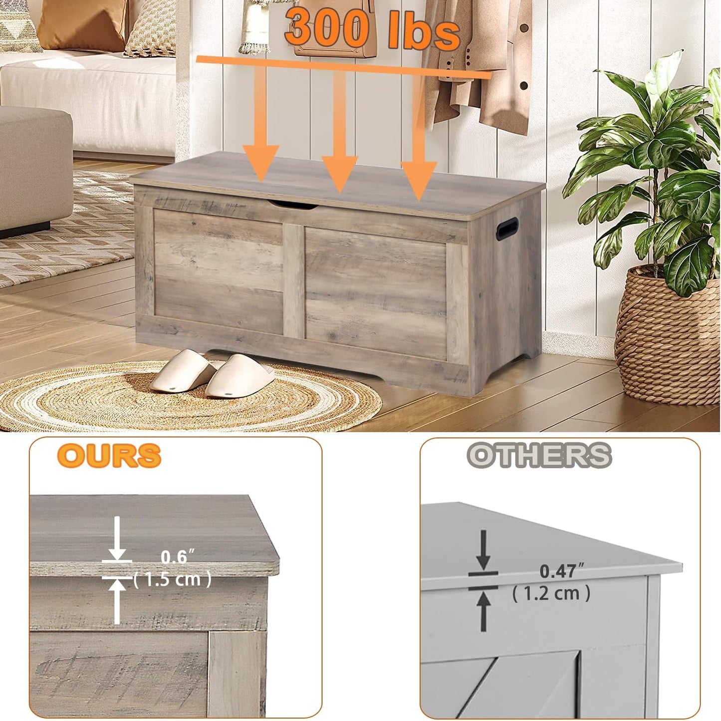 39.4" Storage Chest, Wooden Storage Bench, Lift Top Toy Chest with 2 Safety Hinges, Large Toy Box, Entryway Bench for Living Room, Bedroom, Grey