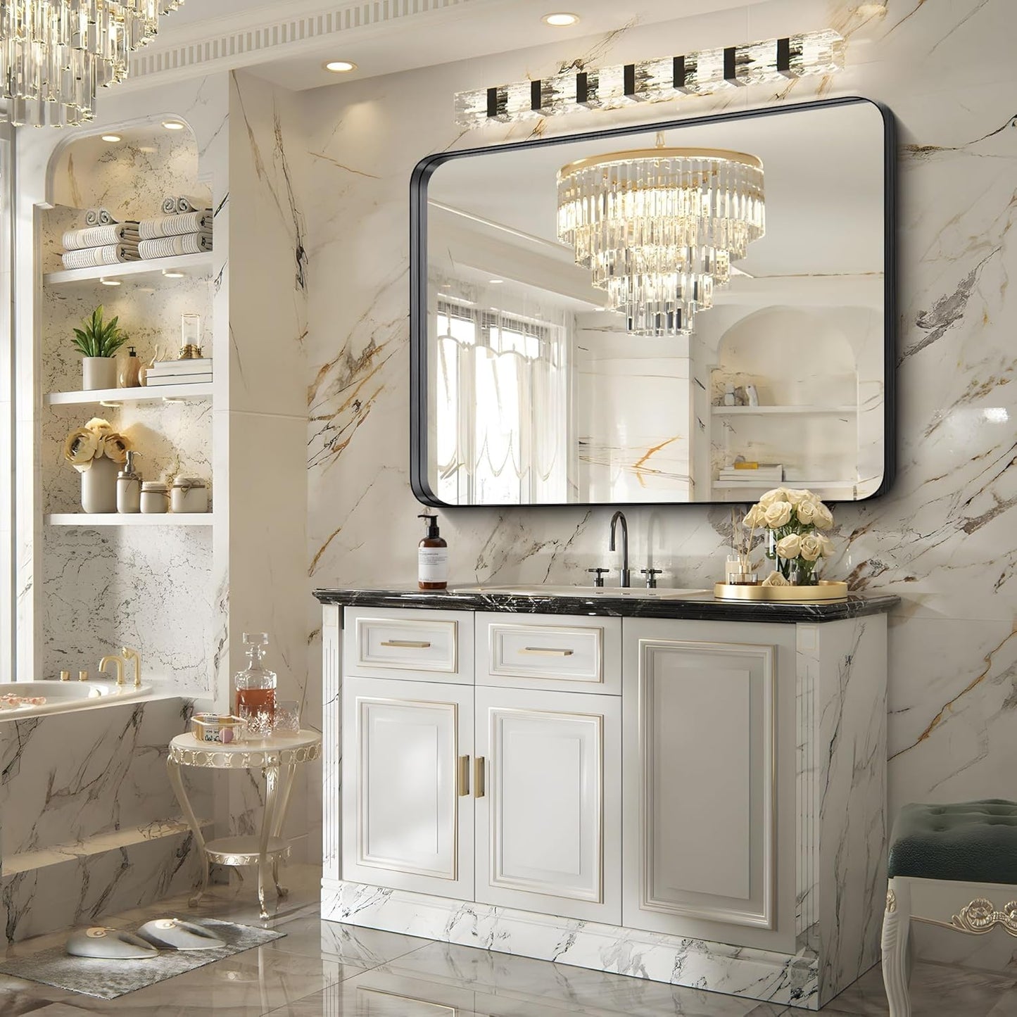 FORBATH 48x36 Inch Bathroom Mirror, Brushed Black Deep Frame Wall Mirror with Rounded Corners, Anti-Rust Tempered Glass for Modern Farmhouse Vanity (Horizontal/Vertical)