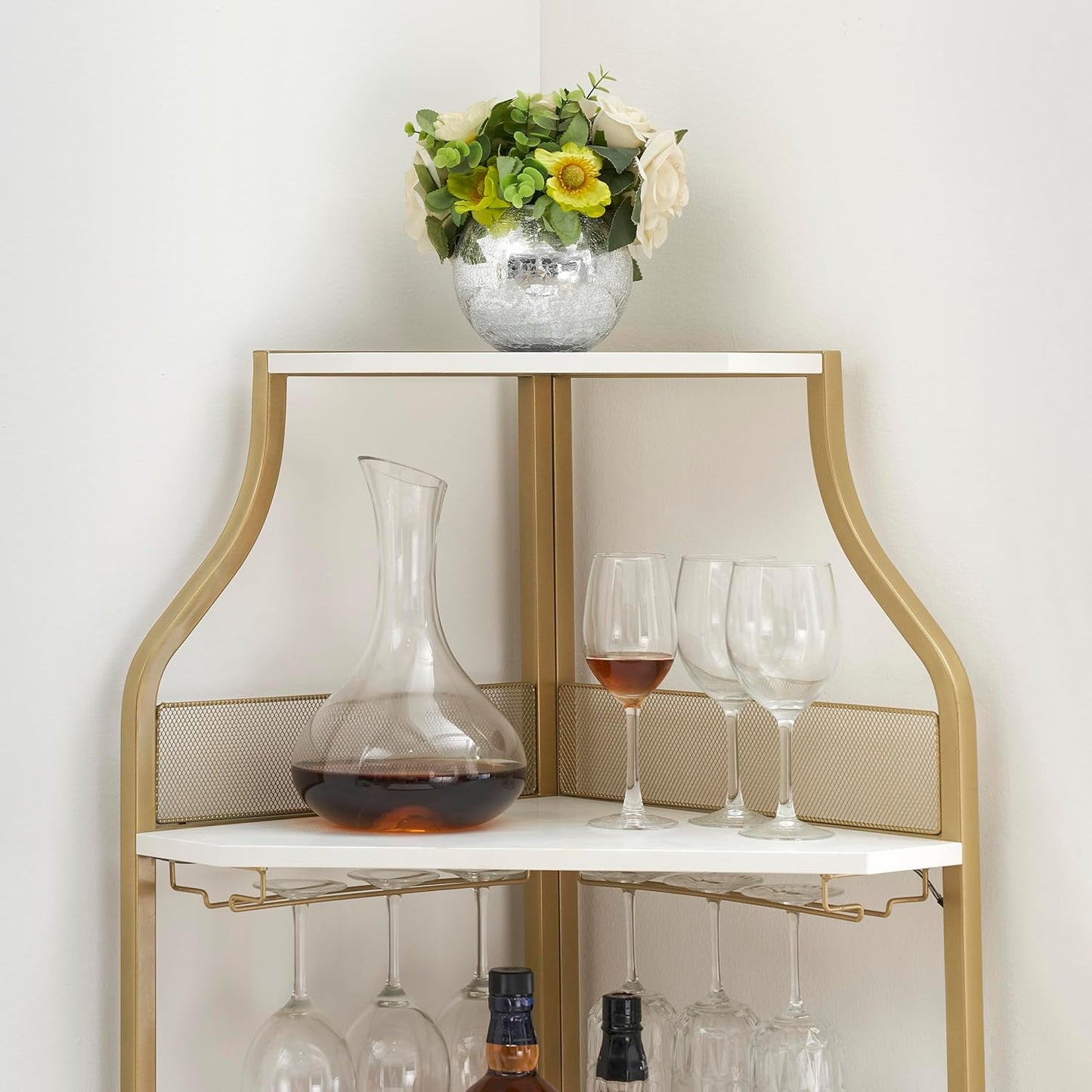 GAOMON Corner Bar Cabinet with Glass Holder, Industrial Wine Cabinet with Adjustble Shelf, 5-Tiers Liquor Cabinet Bar Cabinet for Home, Corner Display Cabinet for Small Space, Faux Marble