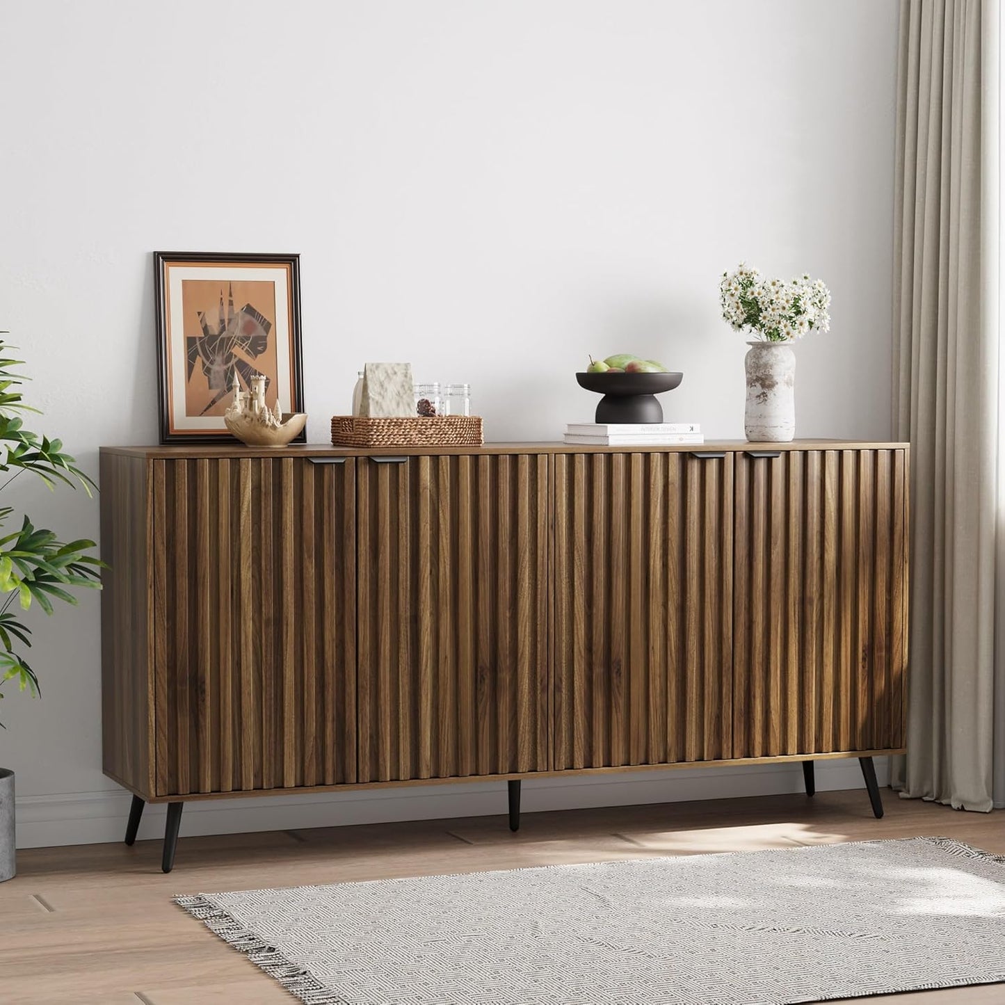 Semiocthome Walnut Buffet Cabinet with Storage, Large Sideboard Cabinet with 4 Fluted Doors and Metal Legs, Storage Cabinet with Adjustable Shelf, Accent Table for Living Room, Dining Room, Kitchen