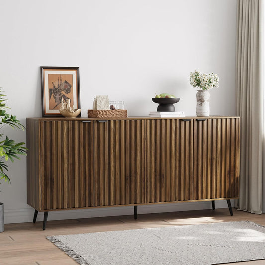 Semiocthome Walnut Buffet Cabinet with Storage, Large Sideboard Cabinet with 4 Fluted Doors and Metal Legs, Storage Cabinet with Adjustable Shelf, Accent Table for Living Room, Dining Room, Kitchen