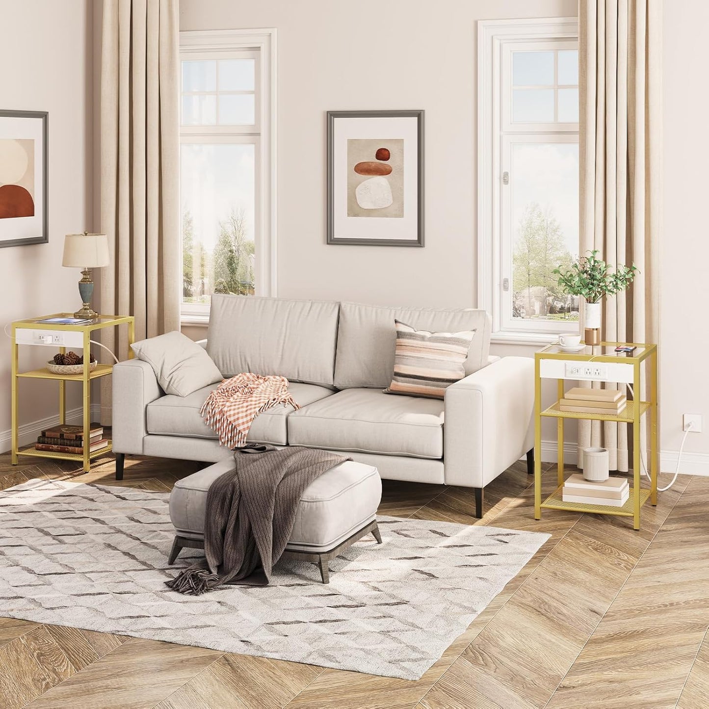 HOOBRO End Tables Set of 2 with Charging Station, Side Tables with USB Ports & Power Outlets, 3-Tier Slim Nightstands with Storage Shelves, Tempered Glass, for Living Room, Bedroom, Gold GD77UBZP201