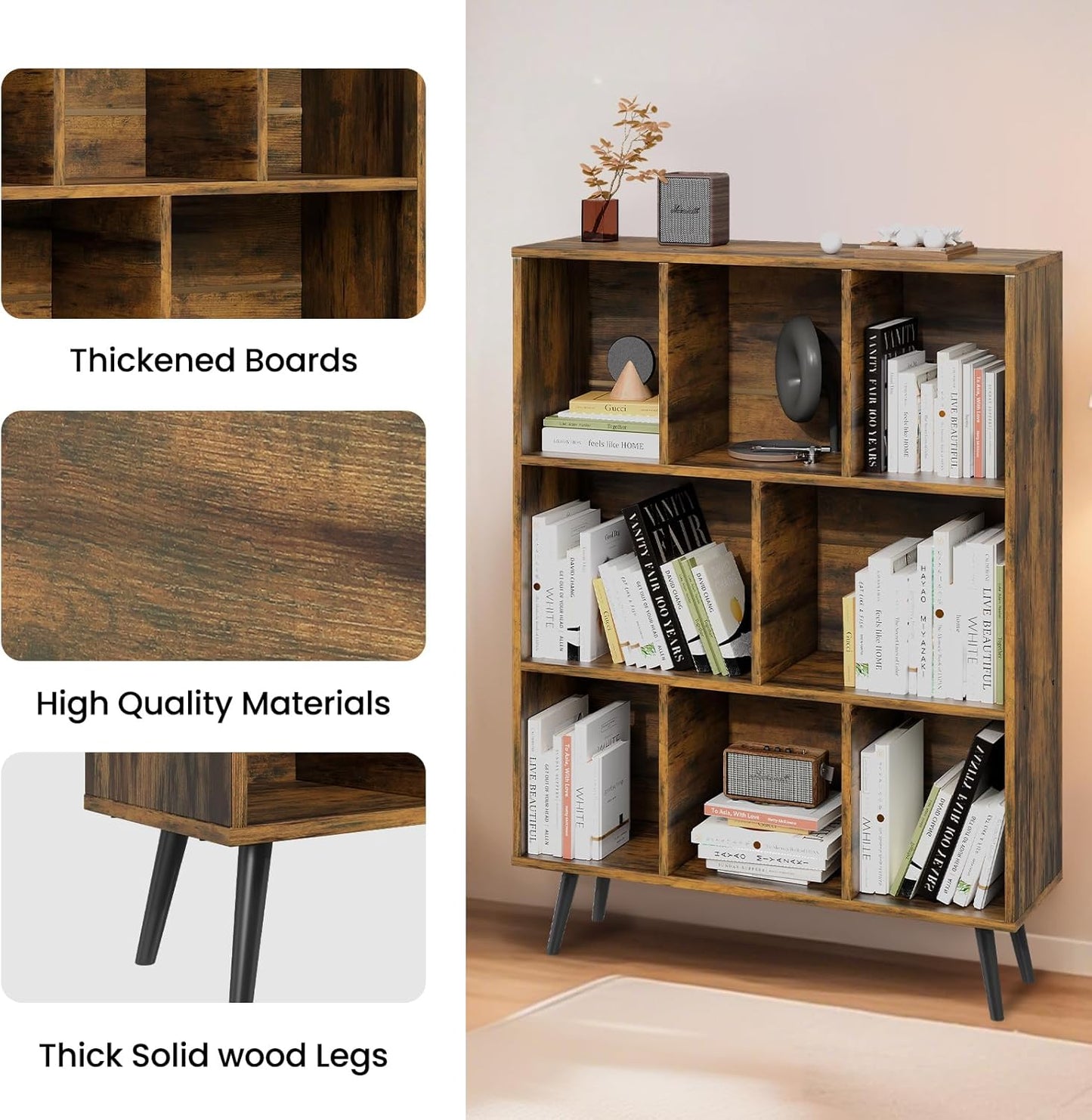 8 Cube Bookshelf 3 Tier Mid-Century Rustic Brown Modern Bookcase with Legs,Retro Wood Book Shelf Storage Organizer Shelf,Freestanding Organizer Display Shelf for Bedroom,Living Room,Office