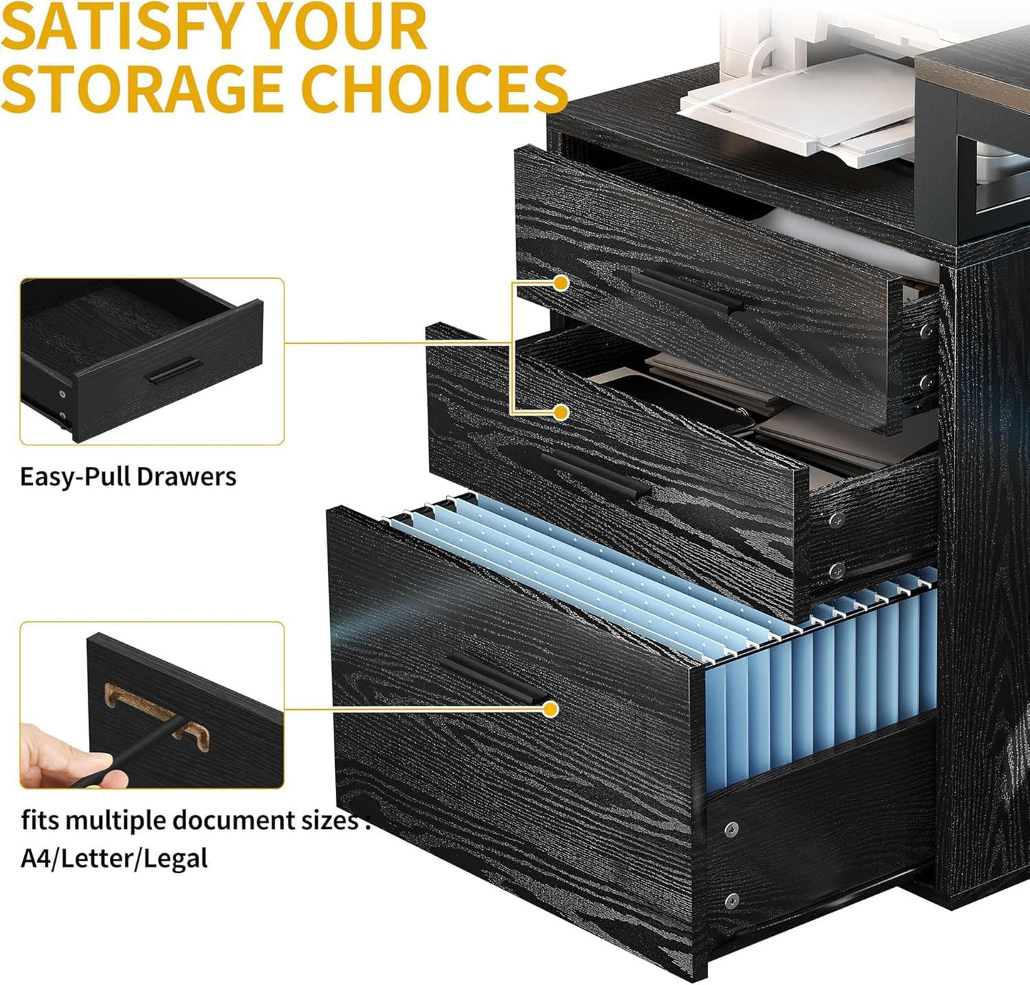 DWVO L Shaped Desk with Drawers, 65" Computer Desk with Power Outlets & LED Lights, Corner Home Office Desk with Storage Shelves & Printer Stand, Black