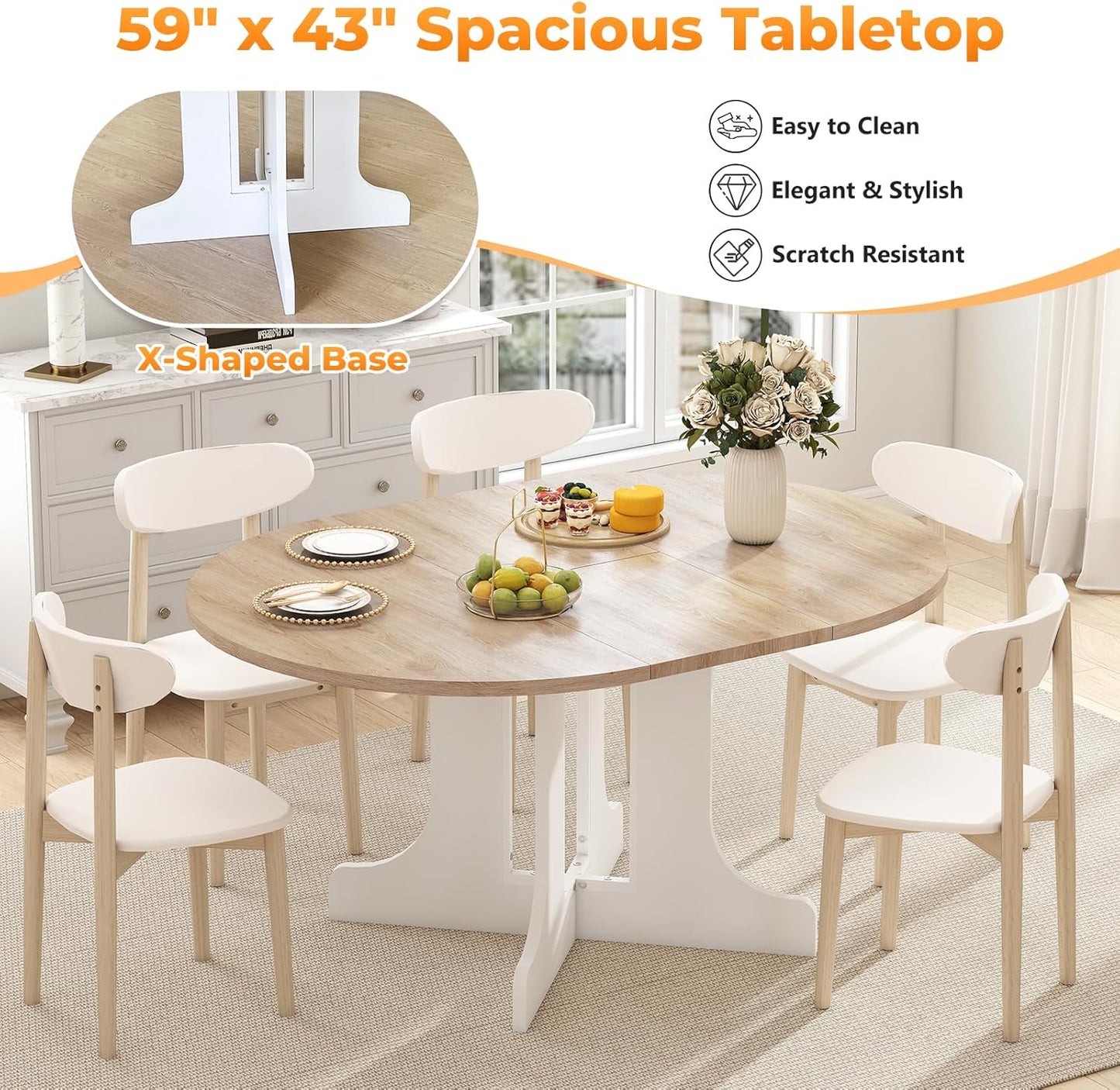 43"-59" Expandable Round Dining Table, Extendable Dining Room Table for 4-6, Oval Tabletop with Removable Leaf, Trestle X-Shaped Base & Metal Track for Dining Room, Living Room-Oak