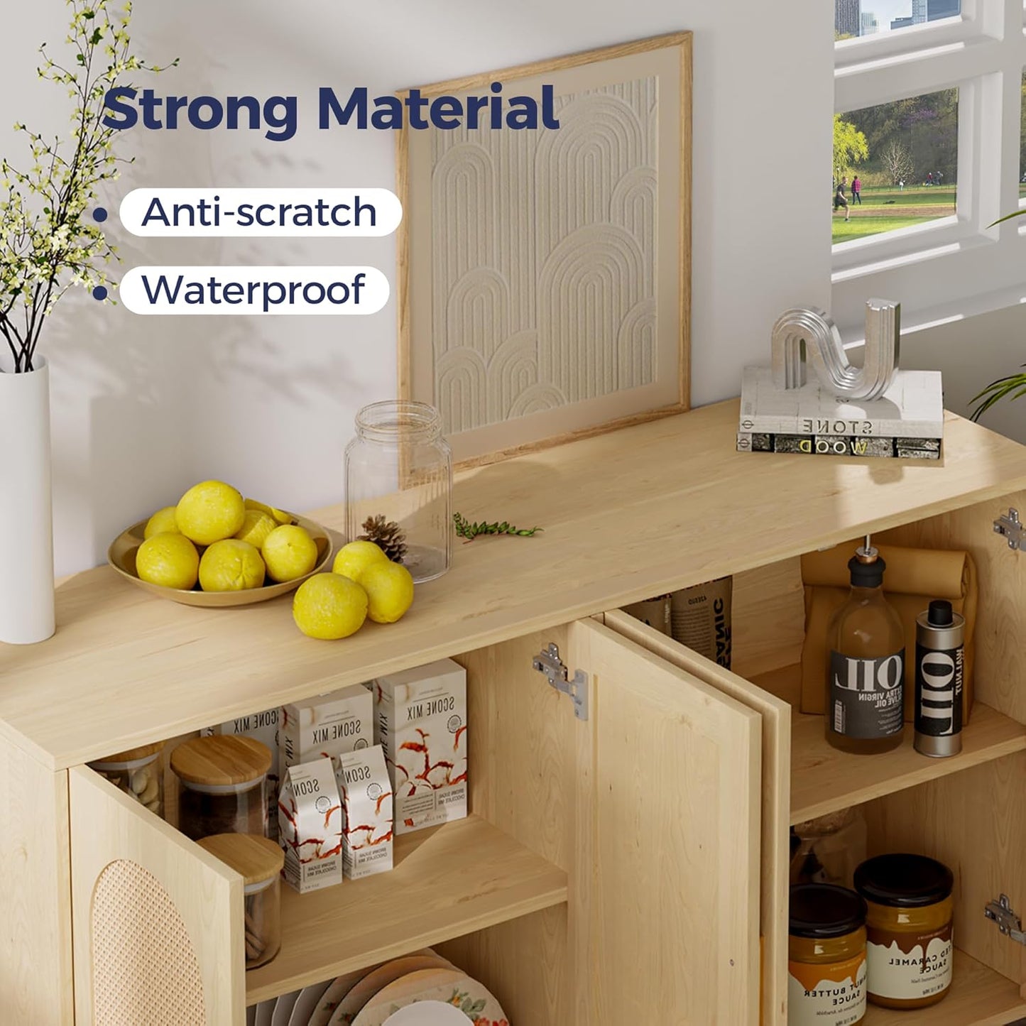 Buffet Cabinet with Storage, KitchenSideboard Cabinet with 4 Rattan Decorated Doors,Modern Accent Credenza Rattan Cabinet for Entryway,Natural