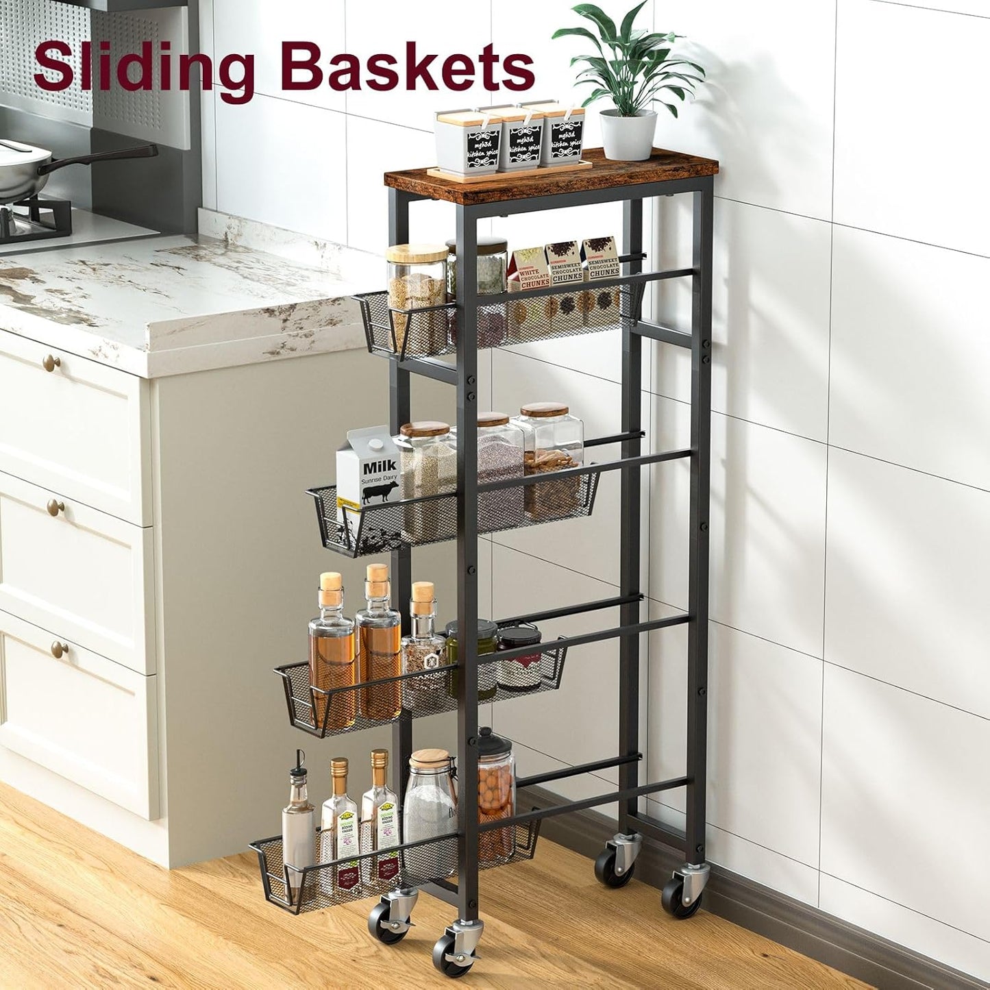 Honest Slim Storage Cart 5-Tier Slim Rolling Cart with Metal Frame and Wooden Top, 6.3 Inches, for Kitchen, Dining Room, Living Room, Bathroom, Home Office, Rustic Brown and Black