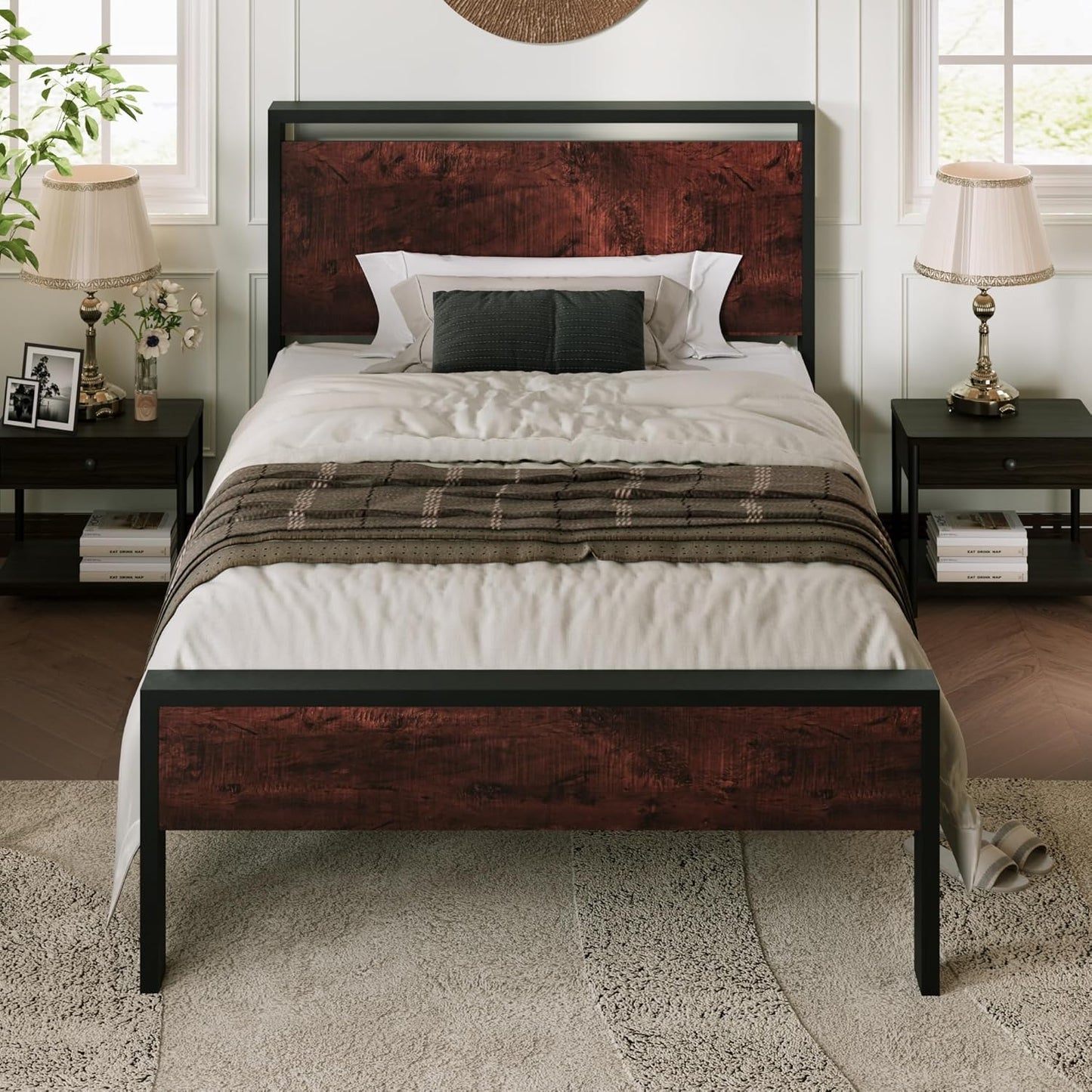 Allewie Twin Size Platform Bed Frame with Wooden Headboard and Footboard, Heavy Duty Metal Slats Support, No Box Spring Needed, Under-Bed Storage, Noise Free, Easy Assembly, Mahogany