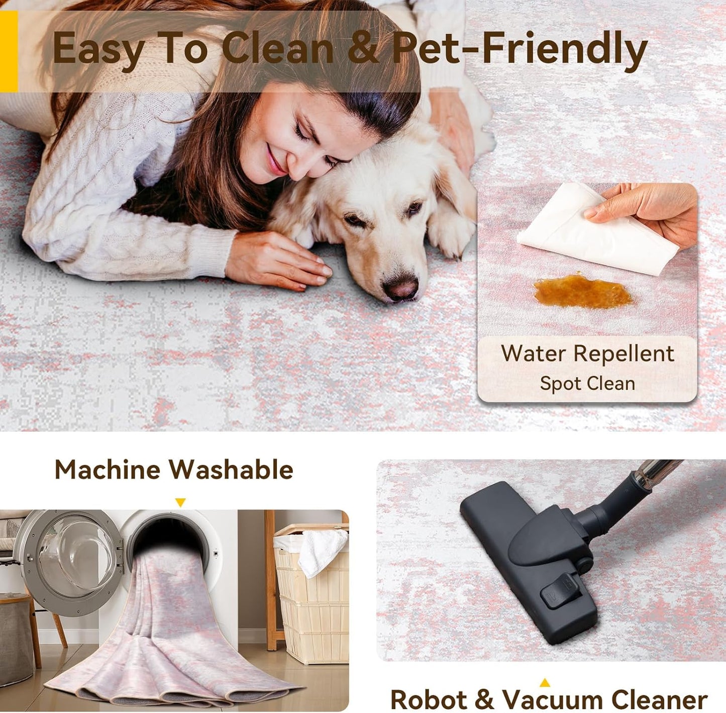 Washable Area Rugs 8'x10' Non-Slip Modern Abstract Soft for Living Room Entryway Bedroom Nursery, Print Pattern, Grey Pink