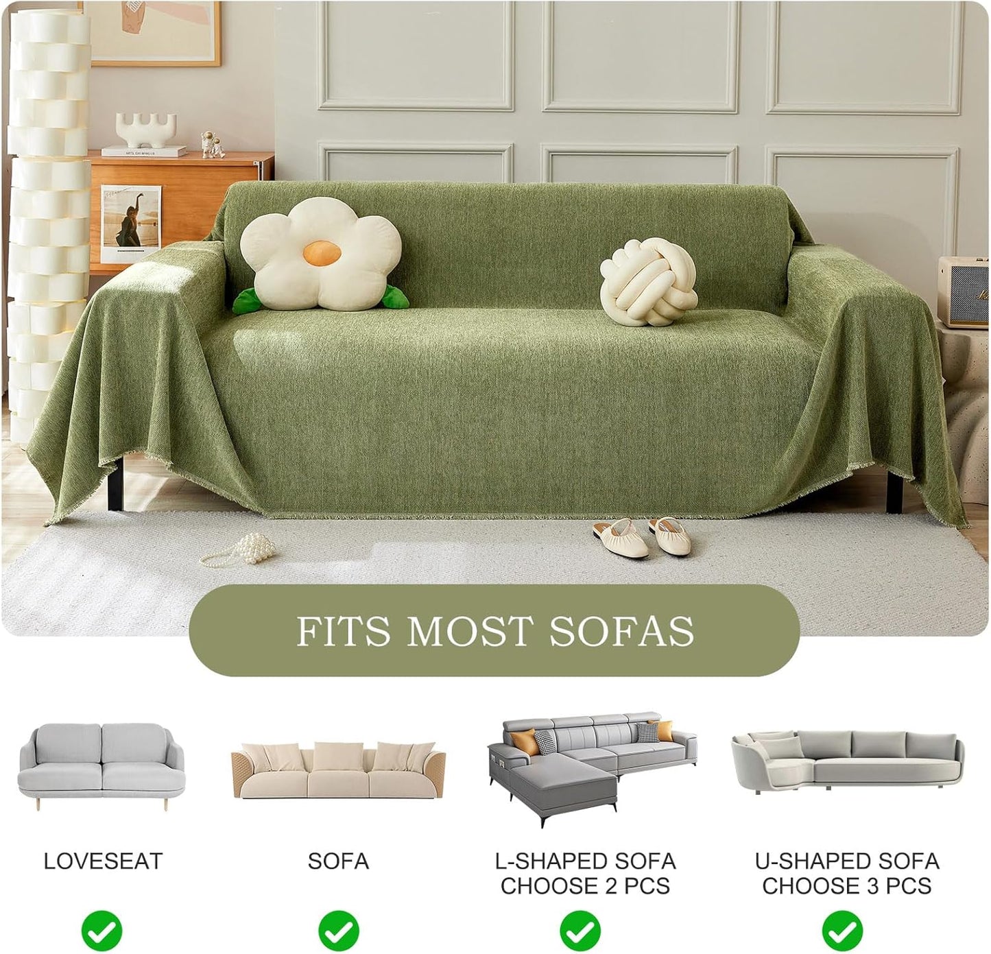 STACYPIK Breathable Matcha Green Sectional Couch Covers Thick Sofa Cover for Dogs Herringbone Pet Protector for 3 Cushion Couch L Shape Sofa Cover Futon Cover Decorative for Couch-71X134IN