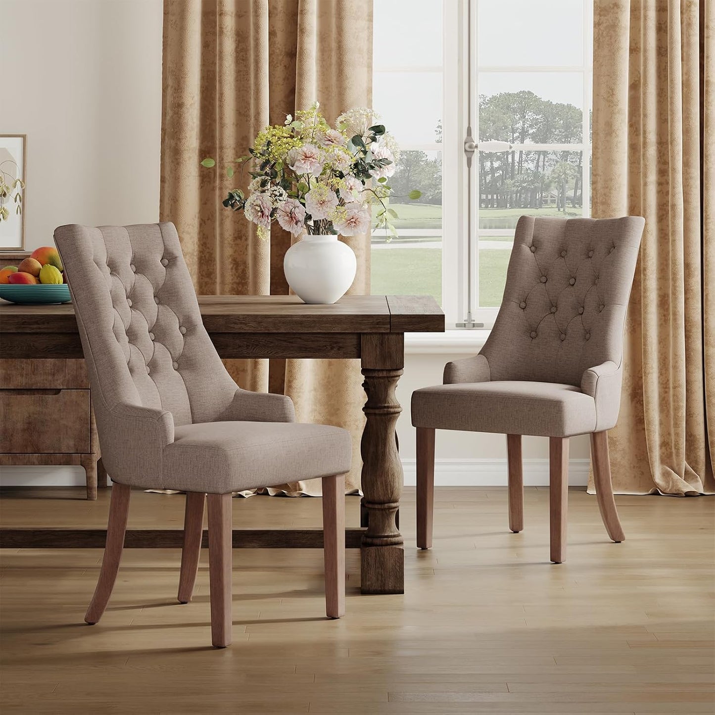 COLAMY Wingback Upholstered Side Dining Room Chairs Set of 2, Fabric Dining Chairs with Tufted Button, Living Room Chairs for Home Kitchen, Taupe