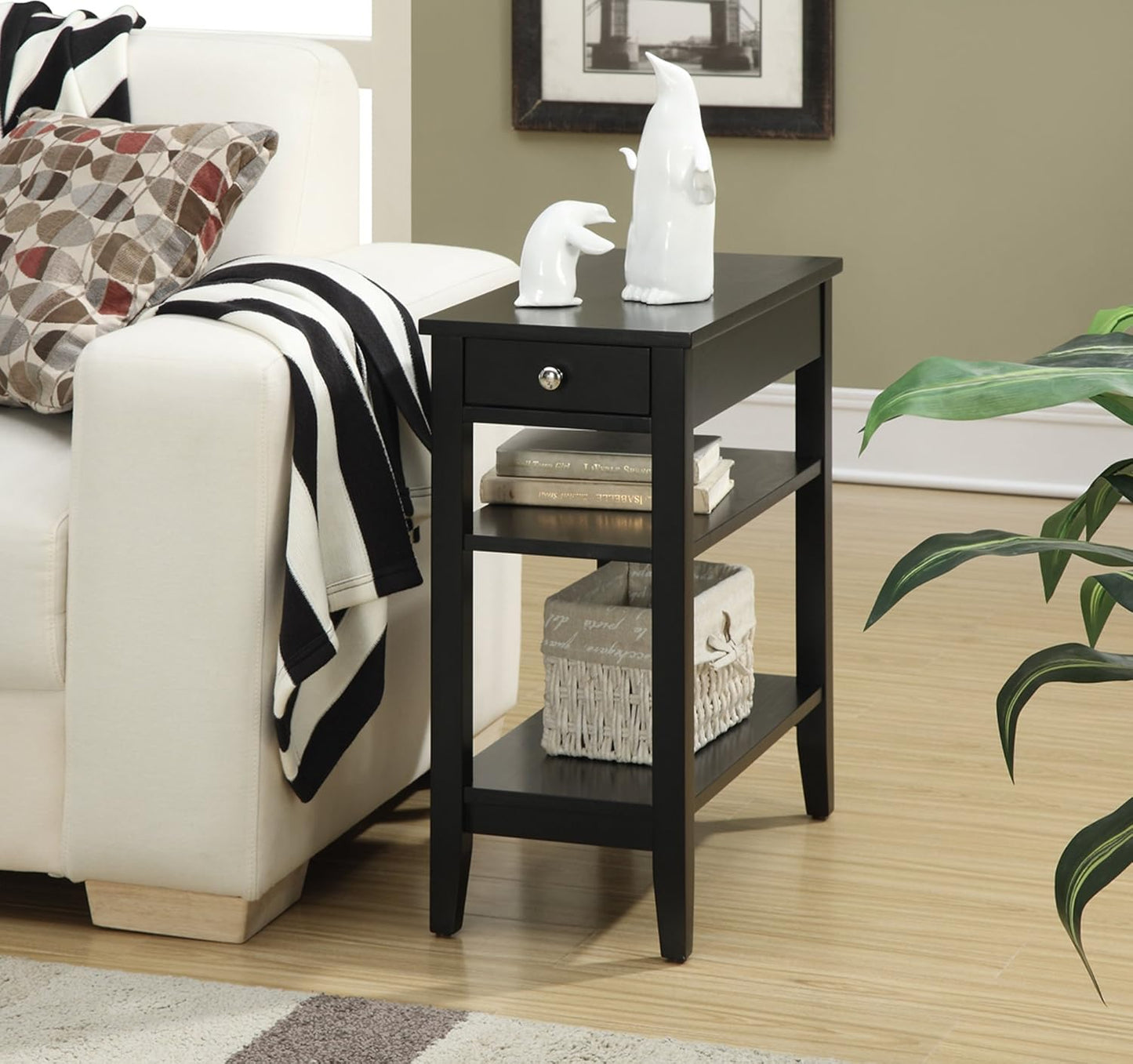 Convenience Concepts American Heritage Chairside End Table with Drawer 23.5" - Classic Living Room Table with Storage Shelf, Bedroom Nightstand, Black