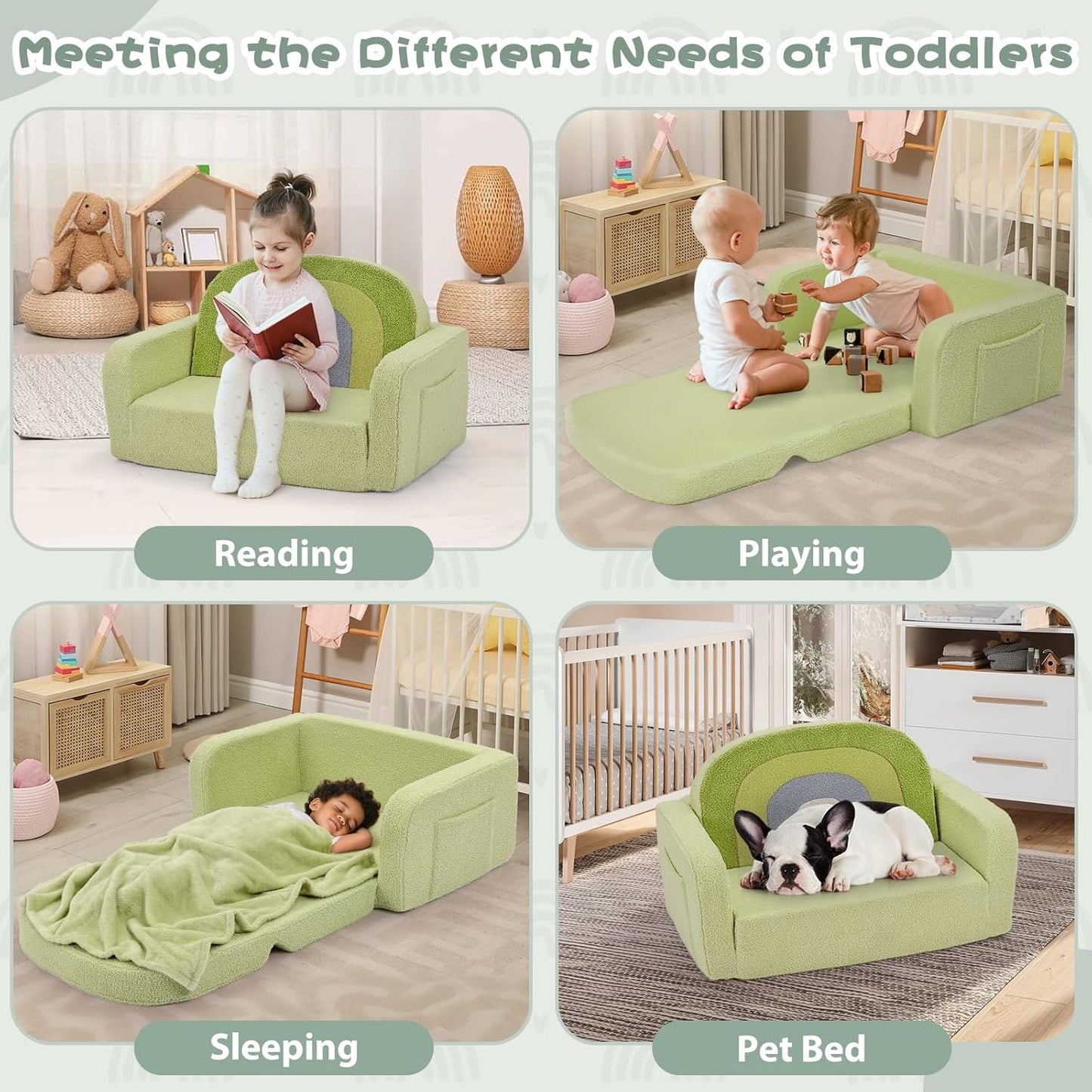 Extra Wide Kids Couch, 2-in-1 Soft Toddler Couch with Blanket, Comfy Toddler Chair, Convertible Sofa to Lounger with Cute Colorful Rainbow Design, Green